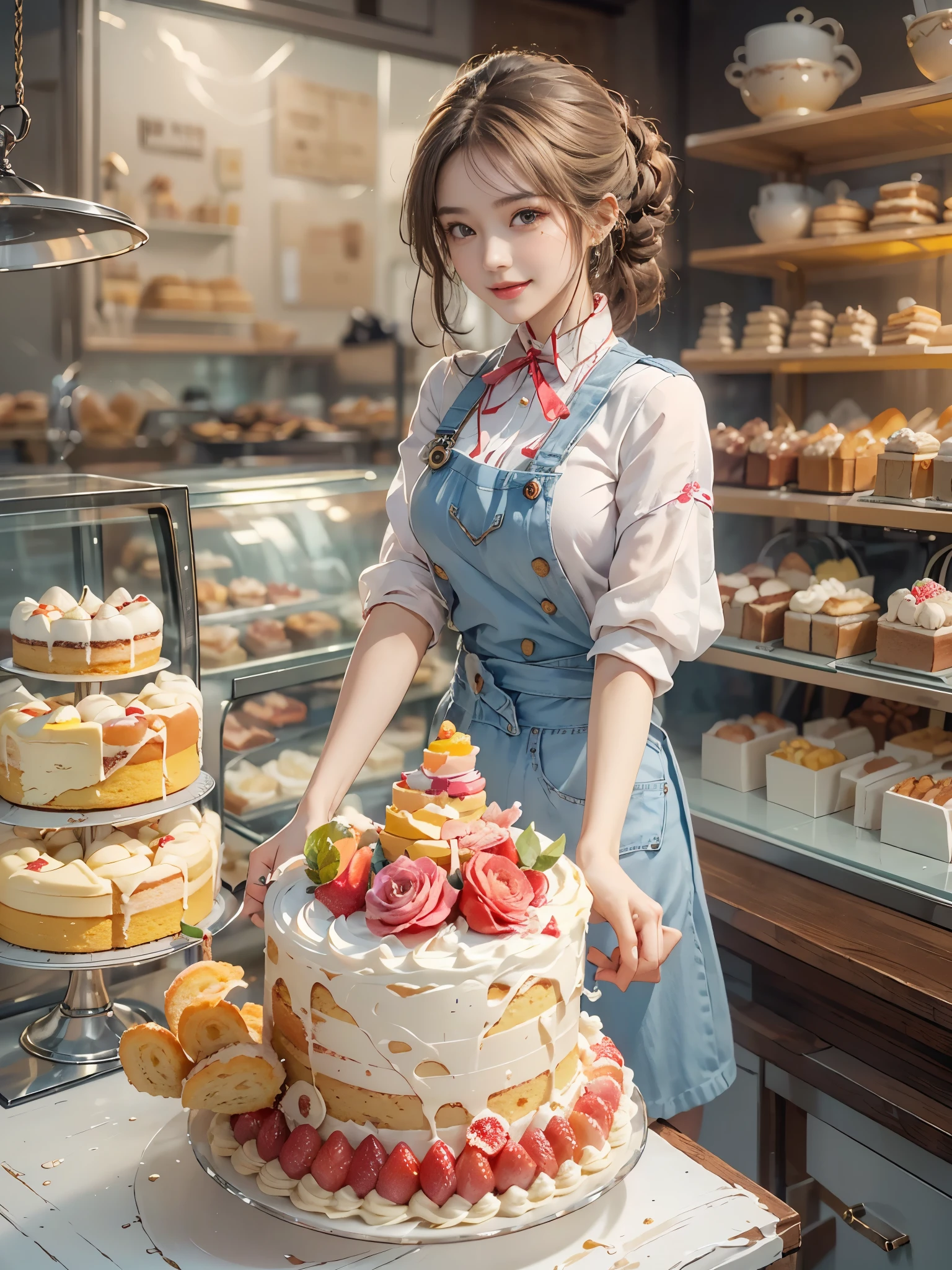 Creative and endearing image,Think of your dream girlfriend as your dream lover and lifelong partner,((A simple and hard-working cake shop girl,She is holding cake,Smile warm and welcoming,Embodying the role of a warm and generous saleswoman,Her facial features are gentle and beautiful,The expression is kind、Tempting)),This artistic expression combines wisdom、Beauty and hardworking character,(She wears the uniform of a saleswoman:1.3),Casual and charming,Very suitable for the environment of a cake shop,表情Tempting又愉悦。The background is a cozy and warm cake shop,Full of various cakes and pastries,Create a sweet and warm atmosphere。The overall style blends realism with a touch of whimsy,captured a sweet、The essence of a hard-working cake shop girl, (floral watercolor painting:1.2),(Super high saturation, bright and vivid colors:1.5), (Look at the audience head-on:1.5)