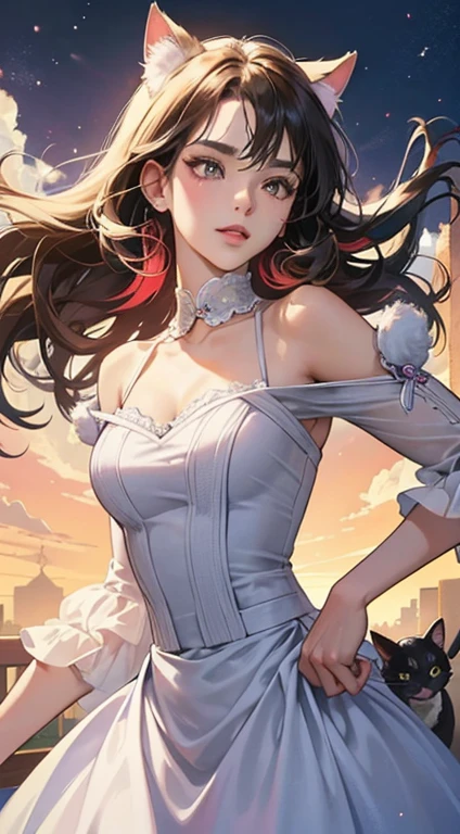 A pretty woman anime character is depicted in an ultra-detailed, dynamic scene of a cat racing. Her detailed face, with expressive eyes, showcases intricate features and delicate expressions. The cat, in high resolution and best quality, is rendered in the most realistic and detailed way, with shiny fur and every muscle and paw clearly visible. The background is a blur, focusing the attention on the woman and the cat in their intense moment of interaction. The woman's outfit is manga-style, with a colorful dress and accentuated curves, adding charm and appeal to the image. The cat's eyes are wide open, filled with excitement and determination, as it races forward, leaving an impression of energy and joy.