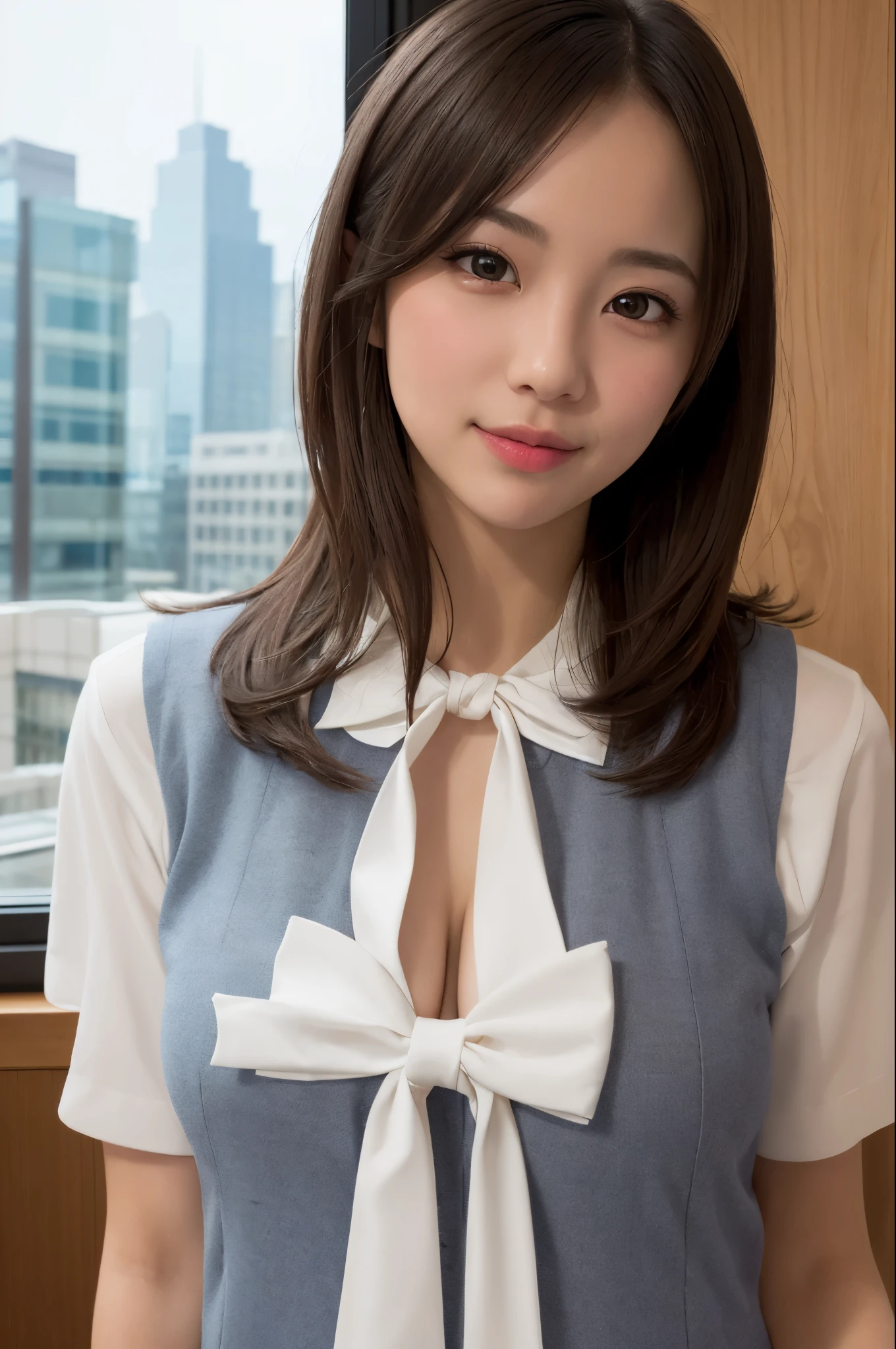 1girl, matured female, vest, bow, photo, realistic, best quality, hires, detailed face, office, buildings from window, detailed background, diffused sunlight, depth of field, bokeh