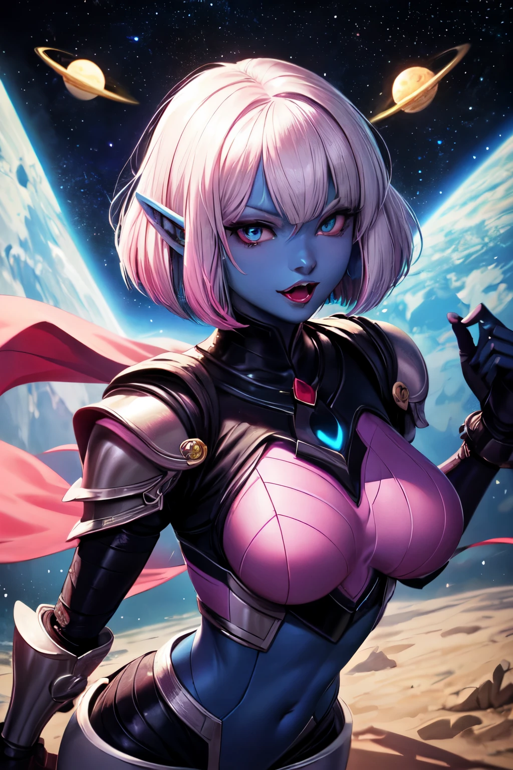 an drow elf, with blue skin, pink hair, with a bob haircut, with one of her fangs slightly showing, she is a vampire, with space armor. ((melhor qualidade)), ((obra de arte)), (detalhado), rosto perfeito