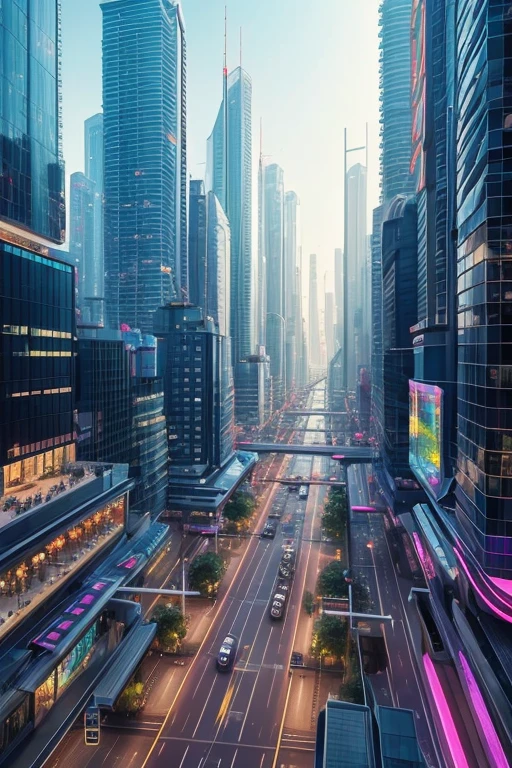 (future city:1.2), (City of Shambhala), Advanced architecture, busy street, vertical gardens, high tech skyscraper, Future Transportation Systems, flying vehicles, Floating Platform, Technology-driven society, neon light, holographic display, energetic atmosphere, Bright colors, Sleek design, Glass façade, Bustling market, Advanced AI system, clean energy source, sustainable infrastructure, Efficient public transport, Elevated walkway, Helicopter shot, vast skyline, innovative urban planning, Seamless fusion of nature and technology, Architectural wonders, Smart City Technology, automation service, cutting edge advances, Harmonious coexistence of man and machine, Utopian vision.