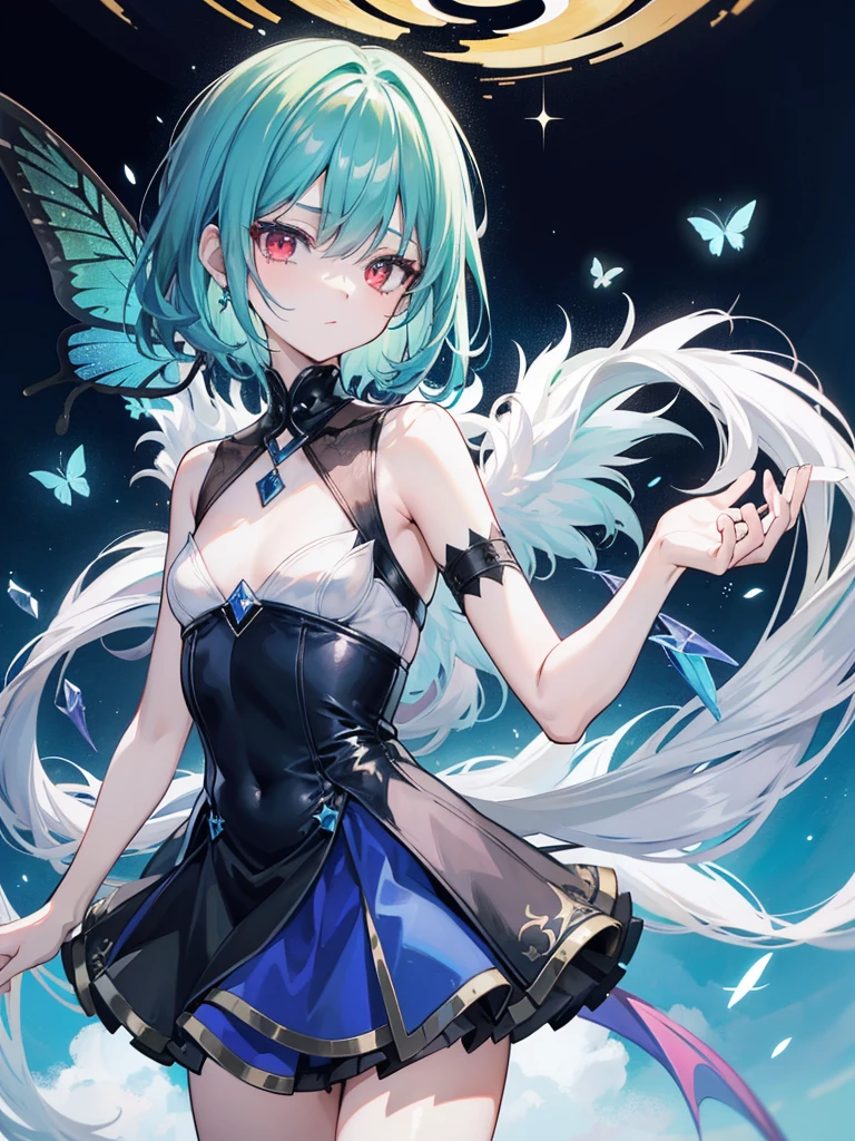 {Wet feather(went bald)}, 1 girl, short hair, double blessing, {emerald green hair}, {{Red eyes}}、masterpiece、top quality、flat chest, small、{hatred}、Irate、{deadly}、The Demon King、{full body, lesbian}、Aura of Darkness、Dark blue dress、demon realm、Blue winged butterfly、I look at the audience、Mouth open、