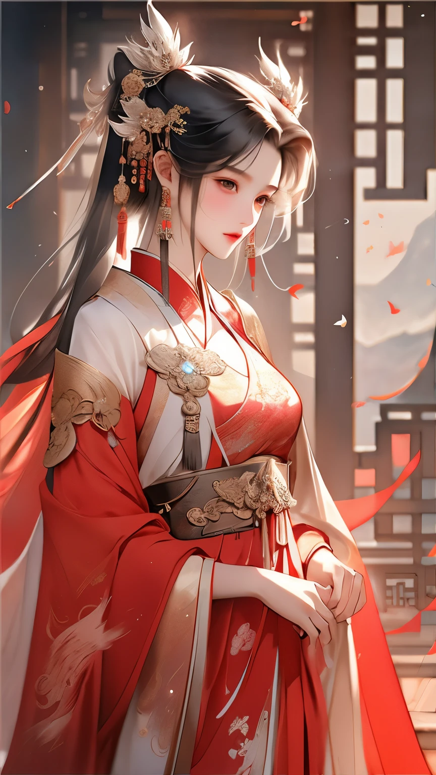 身着红色和金色Hanfu的亚洲女性, Hanfu,hanfu, Chinese style, palace ,穿Hanfu的女孩,, Beautiful rendering of the Tang Dynasty, Chinese beautiful woman, wearing chinese clothes, 复杂华丽的Long silk dress,4k highly detailed digital art, Ethereal stills,hanfu, Queen of China, jingna zhang, palace , station,Chinese Mythology Art,Mountain and sea sutra style,Ink painting blooming,watercolor illustration,Western style woman,beautiful facial features,长长的black hair,Long silk dress,double bun hair,Gilt jewelry decoration,black hair,hair accessories,Super gorgeous details,Warm color aesthetic light source,Burnt blue jade beads,Clouds,ribbon,ribbon,Xuan Chuang,Light painting rendering,blurry and mottled,HD,16k,best quality