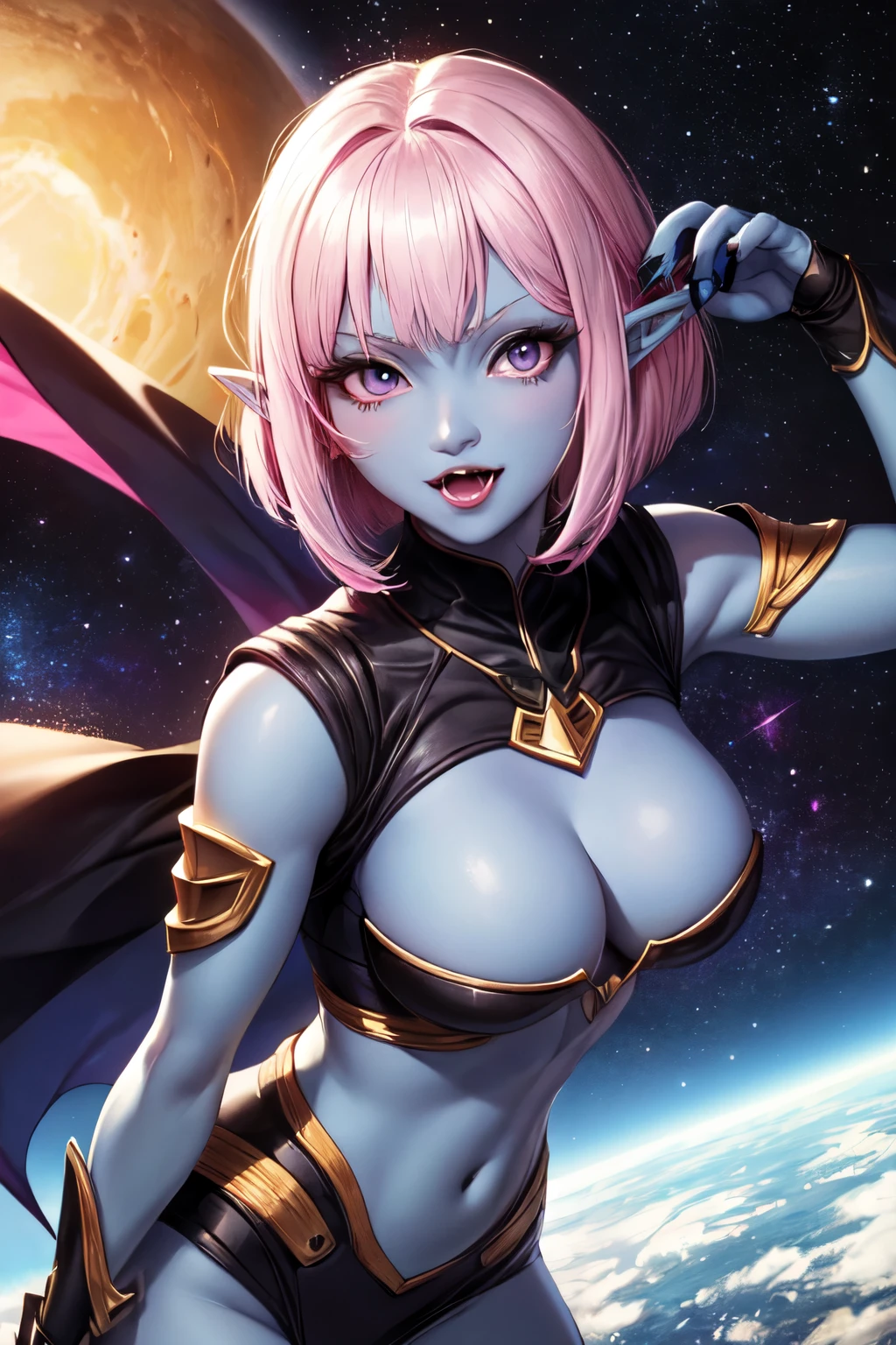 an drow elf, with blue skin, pink hair, with a bob haircut, with one of her fangs slightly showing, she is a vampire, with space armor. ((melhor qualidade)), ((obra de arte)), (detalhado), rosto perfeito