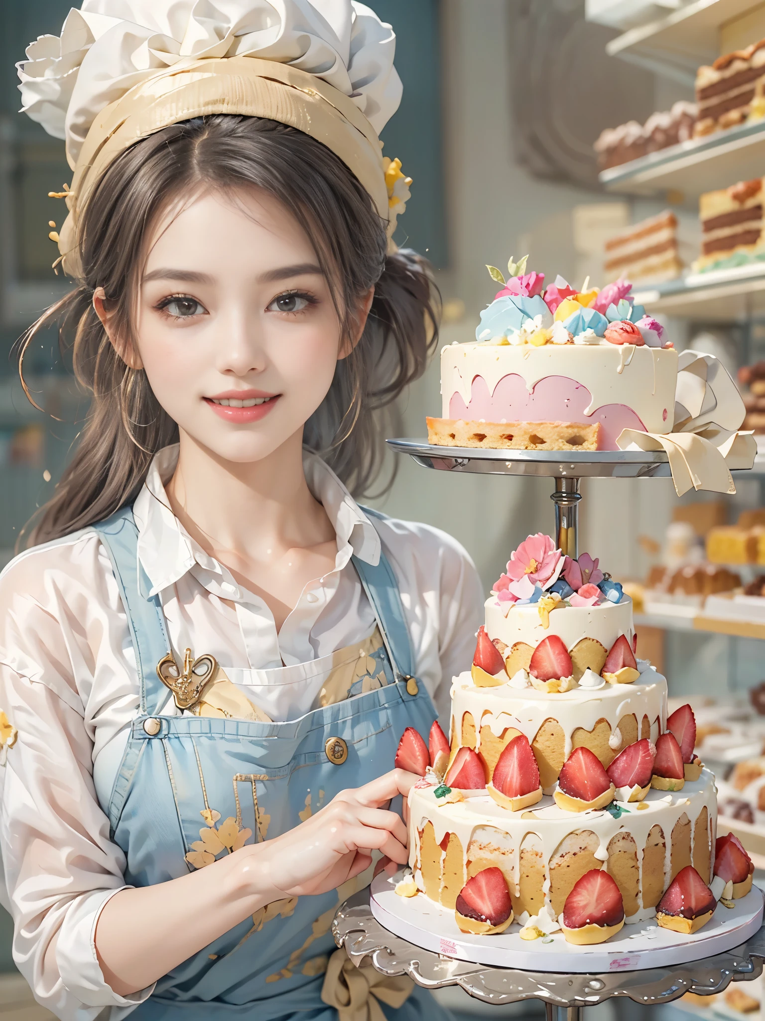 Creative and endearing image,Think of your dream girlfriend as your dream lover and lifelong partner,((A simple and hard-working cake shop girl,She is holding cake,Smile warm and welcoming,Embodying the role of a warm and generous saleswoman,Her facial features are gentle and beautiful,The expression is kind、Tempting)),This artistic expression combines wisdom、Beauty and hardworking character,(She wears the uniform of a saleswoman:1.3),Casual and charming,Very suitable for the environment of a cake shop,表情Tempting又愉悦。The background is a cozy and warm cake shop,Full of various cakes and pastries,Create a sweet and warm atmosphere。The overall style blends realism with a touch of whimsy,captured a sweet、The essence of a hard-working cake shop girl, (floral watercolor painting:1.2),(Super high saturation, bright and vivid colors:1.5), (Look at the audience head-on:1.5)
