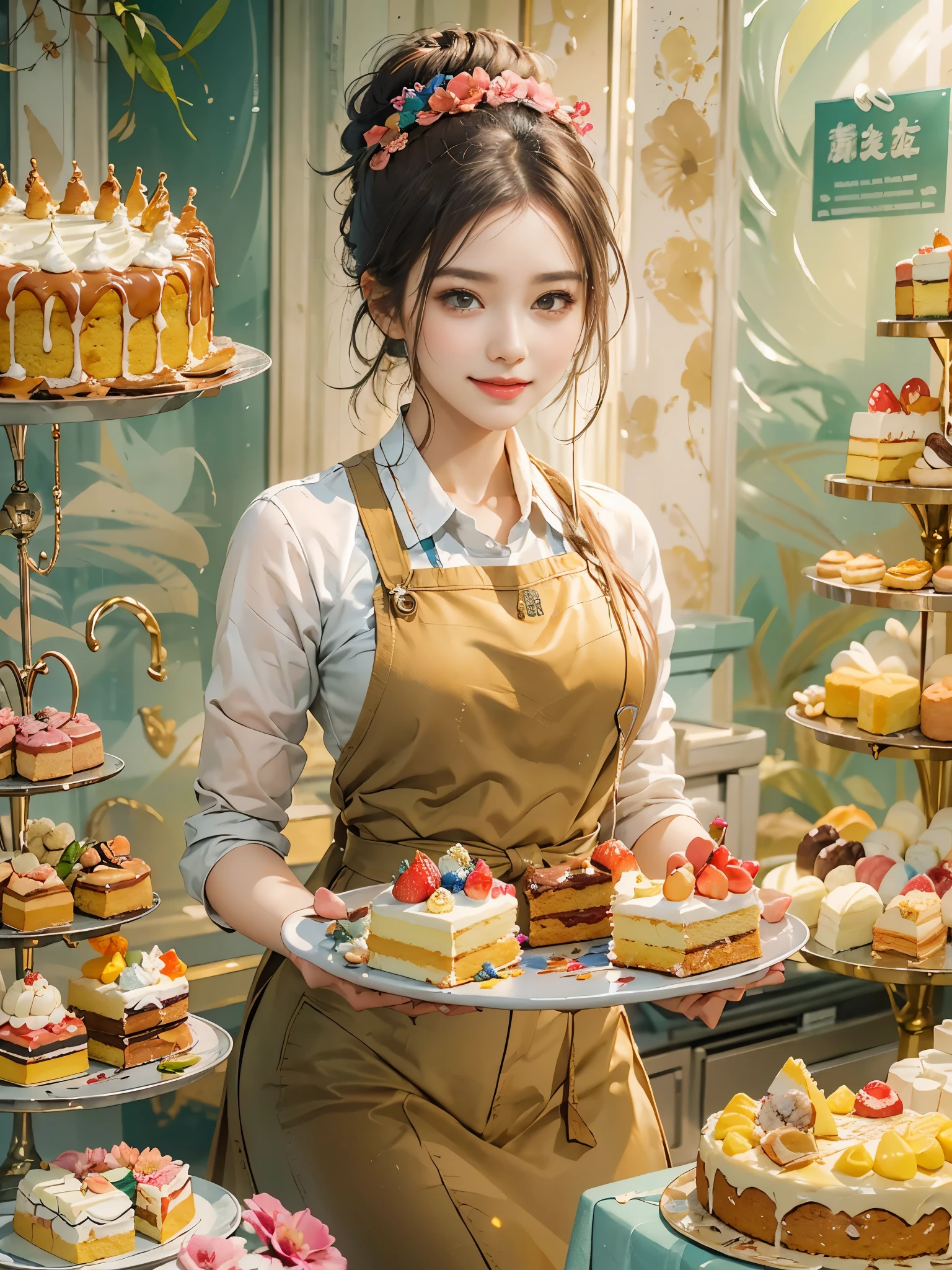 Creative and endearing image，Think of your dream girlfriend as your dream lover and lifelong partner，((A simple and hard-working cake shop girl，She is holding cake，Smile warm and welcoming，Embodying the role of a warm and generous saleswoman，Her facial features are gentle and beautiful，The expression is kind、Tempting))，This artistic expression combines wisdom、Beauty and hardworking character，(She wears the uniform of a saleswoman:1.3)，Casual and charming，Very suitable for the environment of a cake shop，表情Tempting又愉悦。The background is a cozy and warm cake shop，Full of various cakes and pastries，Create a sweet and warm atmosphere。The overall style blends realism with a touch of whimsy，captured a sweet、The essence of a hard-working cake shop girl, (floral watercolor painting:1.5)，(Super high saturation, bright and vivid colors:1.5), (Look at the audience head-on:1.5)