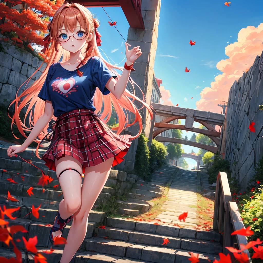 Red-blonde、blue hair、blue eyes、Braid、one good looking girl、solo、anime、Plaid miniskirt、camisole、black t-shirt、Tilting your face、Doing the ribbon、Ribbon at waist、sunset sky、stone stairs、petal、tunnel、Fallen leaves、wearing glasses、waterfall、paper airplane、pushing a pink bicycle