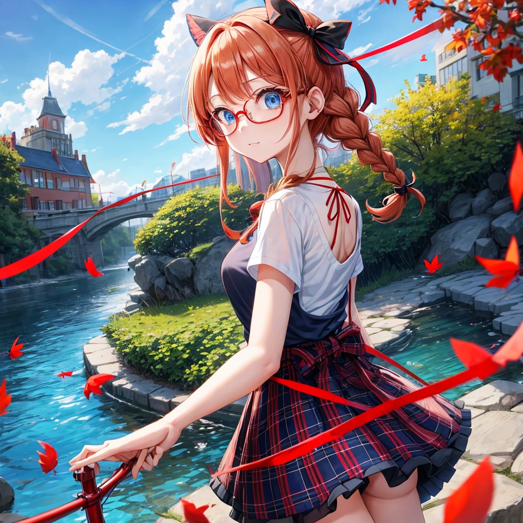 Red-blonde、blue hair、blue eyes、Braid、one good looking girl、solo、anime、Plaid miniskirt、camisole、black t-shirt、Tilting your face、Doing the ribbon、Ribbon at waist、sunset sky、stone stairs、petal、tunnel、Fallen leaves、wearing glasses、waterfall、paper airplane、pushing a pink bicycle