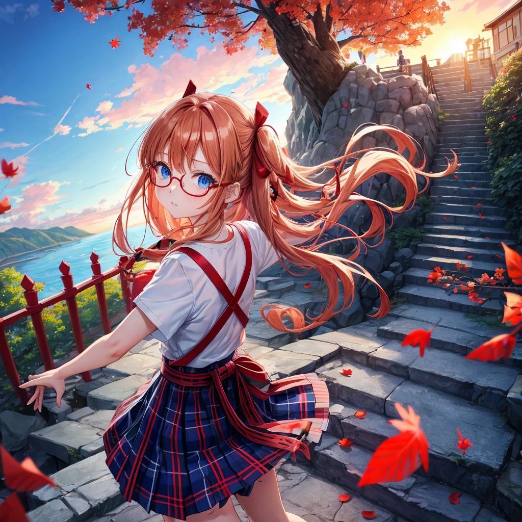 Red-blonde、blue hair、blue eyes、Braid、one good looking girl、solo、anime、Plaid miniskirt、camisole、black t-shirt、Tilting your face、Doing the ribbon、Ribbon at waist、sunset sky、stone stairs、petal、tunnel、Fallen leaves、wearing glasses、waterfall、paper airplane、pushing a pink bicycle