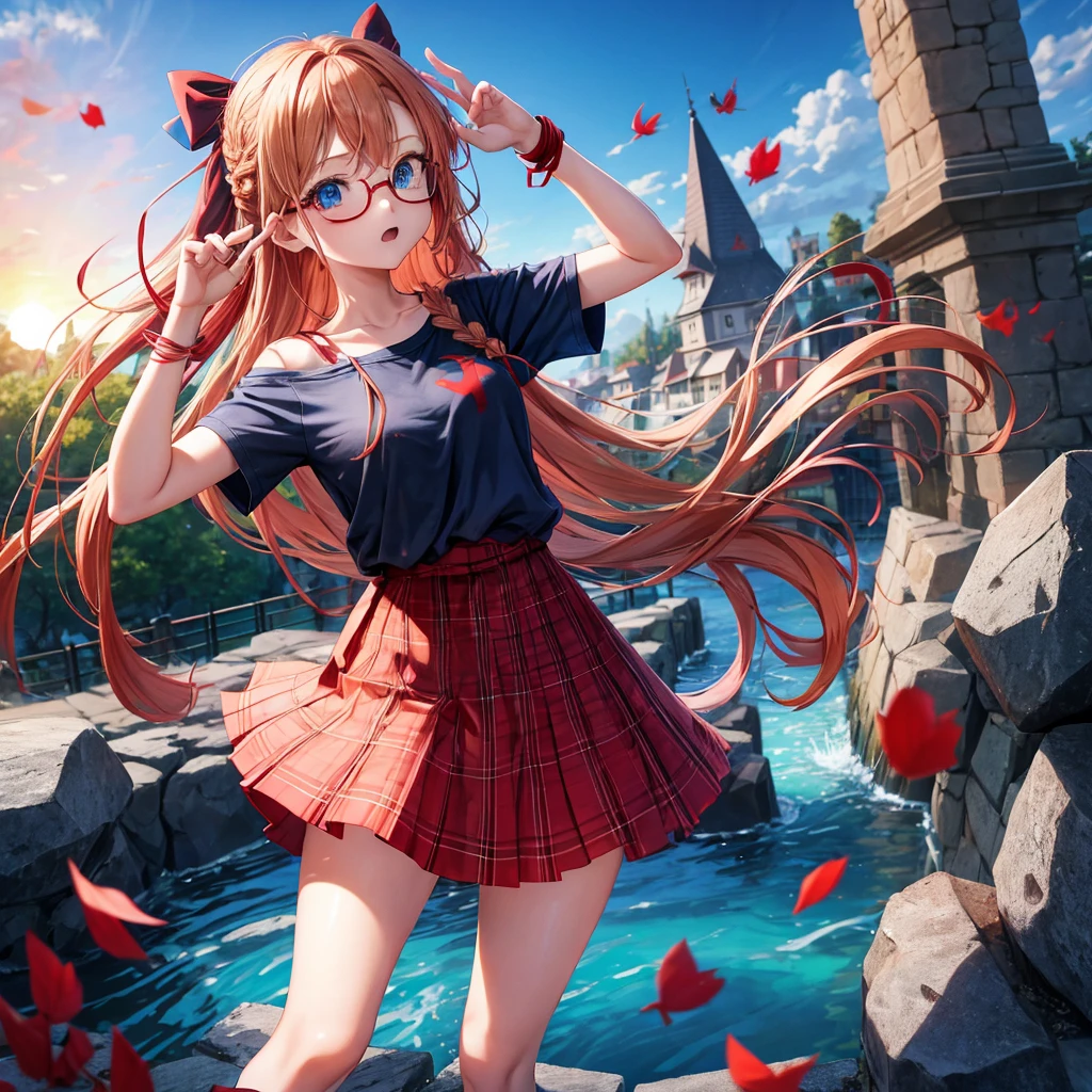 Red-blonde、blue hair、blue eyes、Braid、one good looking girl、solo、anime、Plaid miniskirt、camisole、black t-shirt、Tilting your face、Doing the ribbon、Ribbon at waist、sunset sky、stone stairs、petal、tunnel、Fallen leaves、wearing glasses、waterfall、paper airplane、pushing a pink bicycle