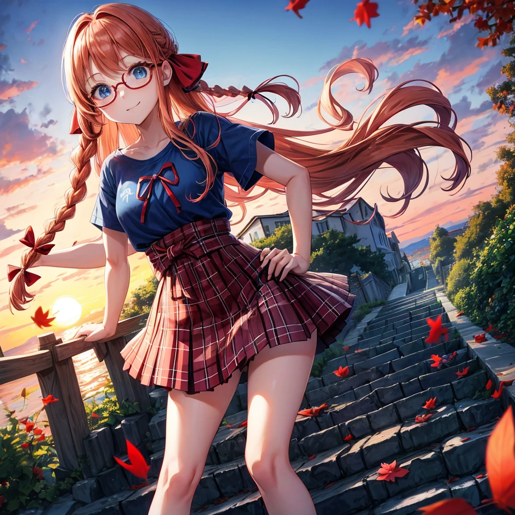 Red-blonde、blue hair、blue eyes、Braid、one good looking girl、solo、anime、Plaid miniskirt、camisole、black t-shirt、Tilting your face、Doing the ribbon、Ribbon at waist、sunset sky、stone stairs、petal、tunnel、Fallen leaves、wearing glasses、waterfall、paper airplane、pushing a pink bicycle