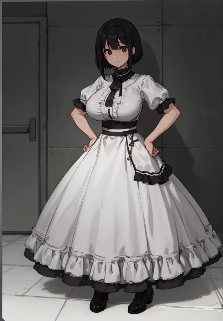 1 girl, ((masterpiece, side light, beautiful eyes: 1.2), Super detailed, ultra high resolution, professional lighting, high quality make up, beautiful detailed eyes), (highest quality:0.8), perfect anime illustrinion, beautiful, flin color background, simple background, whole body , looking for_in_viewer, 一人in, (whole body:1.5), (black hair:1.3), dark brown eyes, (big breasts:1.2), 一人in,Wasachiri, Huasachina, sash, puffy dress, dress, Puffy short sleeves, pantyhose, black shoes, Floral, print dress, put your hands on your hips, handkerchief,tof, (asymmetrical bob cut:1.1),(low length:1.1),(Chubby:1.2),(おinこ:1.2),(boobs for days:1.2),(huge boobs:1.2),(short legs)