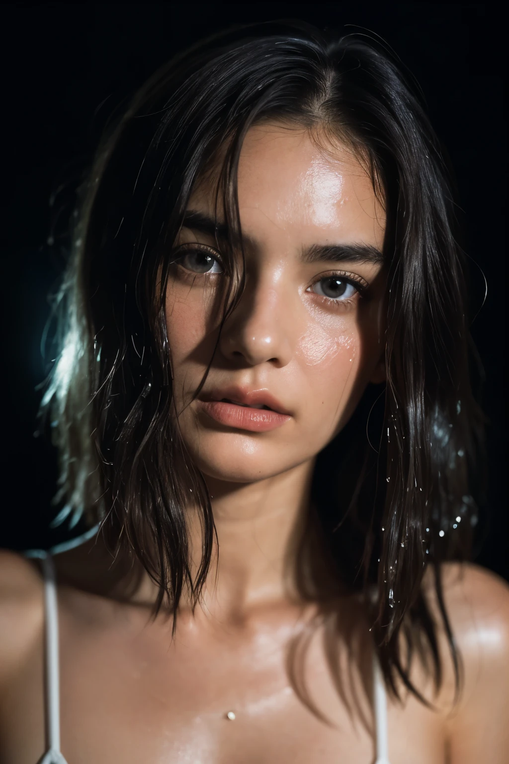 (Close-up, An editorial photo of a ((27-year-old woman)), (Highly detailed face:1.4) (Smile:0.7) (background inside dark, Moody, Private study:1.3) angle of view, by Lee Jeffries, Nikon D850, film stock photograph ,4 Kodak Portra 400 ,Camera f1.6 shots ,Rich colors ,Ultra photo realsisim , ( wearing red t shirt), ((hot ass)), half body-shot, Lifelike texture, Dramatic lighting , cine still 800, (hot cleavage, ( wearing black (sleep dress), (hot figure), ((swety body:0.9)), ((sweaty body)), (blue tone lighting effect), full-body potraits, sexy ass:0.9, ((shiny lips:0.9)), ((Chubby check)), ((sweaty body)) attractive eyes, highly detailed eyes, big boobs, qbeautiful detailed eyes, accurate shiny iris depiction, water-based humor shine, ultra-detailed eyelashes, Iris with a very slightly black rim, Ultra-detailed lips, precisely drawn lip wrinkles, beautiful shiny lips, (shiny skin due to sweat: 0.3), Black glossy rubber two-piece bikini, big breasts, shiny wet body skin, shiny lips, lips are very shiny, both lips wrinkles, hot shiny lips , very shiny skin due to sweat, ((dark blue colour in outfit:0.2)), tight breasts, big breasts, ((half-body potraits))