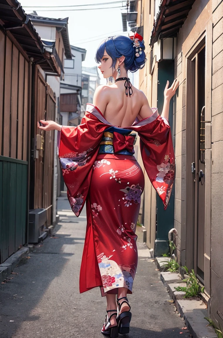 (highest quality,8K quality,masterpiece:1.3,High resolution,table top:1.2), Front view:0.8,Full body Esbian:1.2, looking at the viewer, 23 year old woman, look at the camera,(Japanese clothing, kimono:1.4,generally:1.2, choker:1.4),(short hair:1.2,well-groomed black hair), (back alley:1.3), kimono comes off,I can see my thighs,I can see your pants,beautiful face,cinematic,(young gravure idol, Young skinny gravure idol, sophisticated gravure idol),(detailed perfect face),normal hand:1.5,normal fingers:1:5,normal feet:1.5