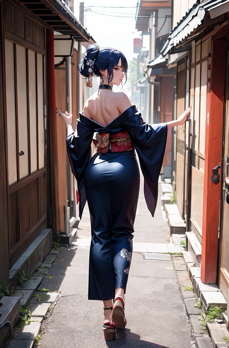 GEISHA- SEXY- LIFTED KIMONO- UPPER BODY- THICK THIGHS- TEMPLE- MEDIEVAL- SWORDS- WARRIOR- SEXY FACE- DETAILED HD- LOW FRAME - BEAUTIFUL- GATER BELT- DETAILED CORCELET- REAR- LOW ANGLE- SUNSET IN BACKGROUND- LACE DETAILED- BIRDS IN THE SKY- STRAIGHT BLACK HAIR WITH BANGS