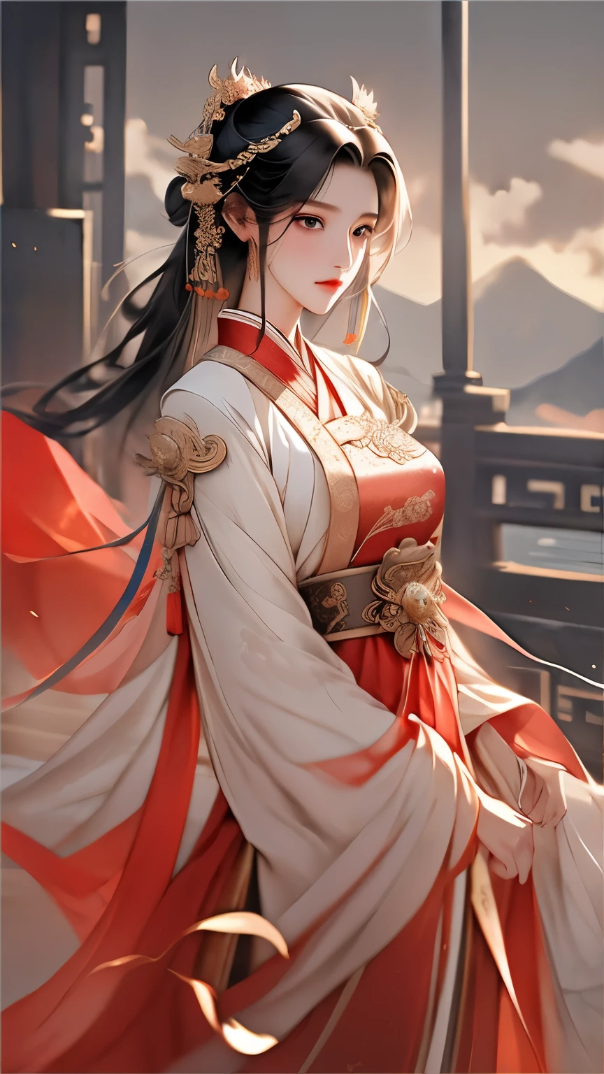 身着红色和金色Hanfu的亚洲女性, Hanfu,hanfu, Chinese style, palace ,穿Hanfu的女孩,, Beautiful rendering of the Tang Dynasty, Chinese beautiful woman, wearing chinese clothes, 复杂华丽的Long silk dress,4k highly detailed digital art, Ethereal stills,hanfu, Queen of China, jingna zhang, palace , station,Chinese Mythology Art,Mountain and sea sutra style,Ink painting blooming,watercolor illustration,Western style woman,beautiful facial features,长长的black hair,Long silk dress,double bun hair,Gilt jewelry decoration,black hair,hair accessories,Super gorgeous details,Warm color aesthetic light source,Burnt blue jade beads,Clouds,ribbon,ribbon,Xuan Chuang,Light painting rendering,blurry and mottled,HD,16k,best quality