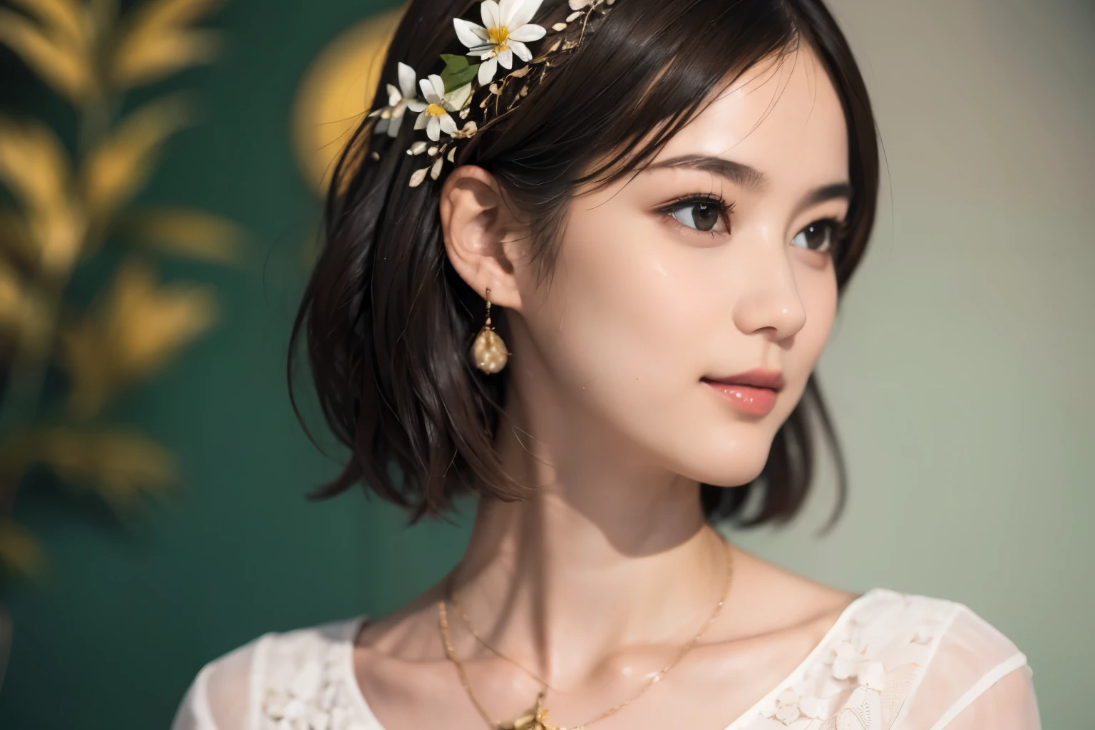 148
(20 year old woman,Floral costume), (surreal), (High resolution), ((beautiful hairstyle 46)), ((short hair:1.46)), (gentle smile), (breasted:1.1), (lipstick)
