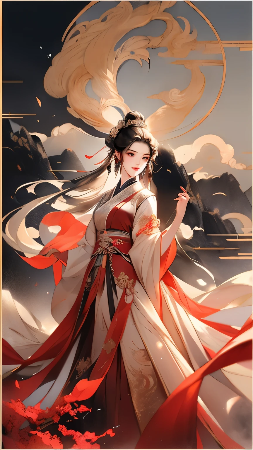 身着红色和金色Hanfu的亚洲女性, Hanfu，hanfu, Chinese style, palace ，穿Hanfu的女孩,, Beautiful rendering of the Tang Dynasty, Chinese beautiful woman, wearing chinese clothes, 复杂华丽的Long silk dress，4k highly detailed digital art, Ethereal stills，hanfu, Queen of China, jingna zhang, palace ， station，Chinese Mythology Art，Mountain and sea sutra style，Ink painting blooming，watercolor illustration，Western style woman，beautiful facial features，长长的black hair，Long silk dress，double bun hair，Gilt jewelry decoration，black hair，hair accessories，Super gorgeous details，Warm color aesthetic light source，Burnt blue jade beads，Clouds，ribbon，ribbon，Xuan Chuang，Light painting rendering，blurry and mottled，HD，16k，best quality
