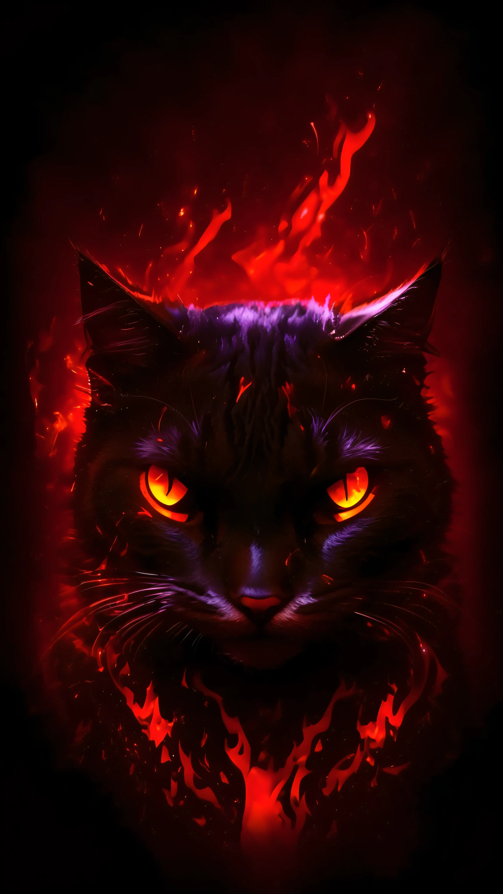 a close up of a cat with glowing eyes and red flames, demon cat, with red glowing eyes, with glowing red eyes, red glowing eyes, glowing red eyes, cat - like scarlet eyes, red eyes glowing, fully red eyes, sharp red eyes, red fire eyes, glowing fiery red eyes, the dark god of cats, with red eyes, bright red eyes