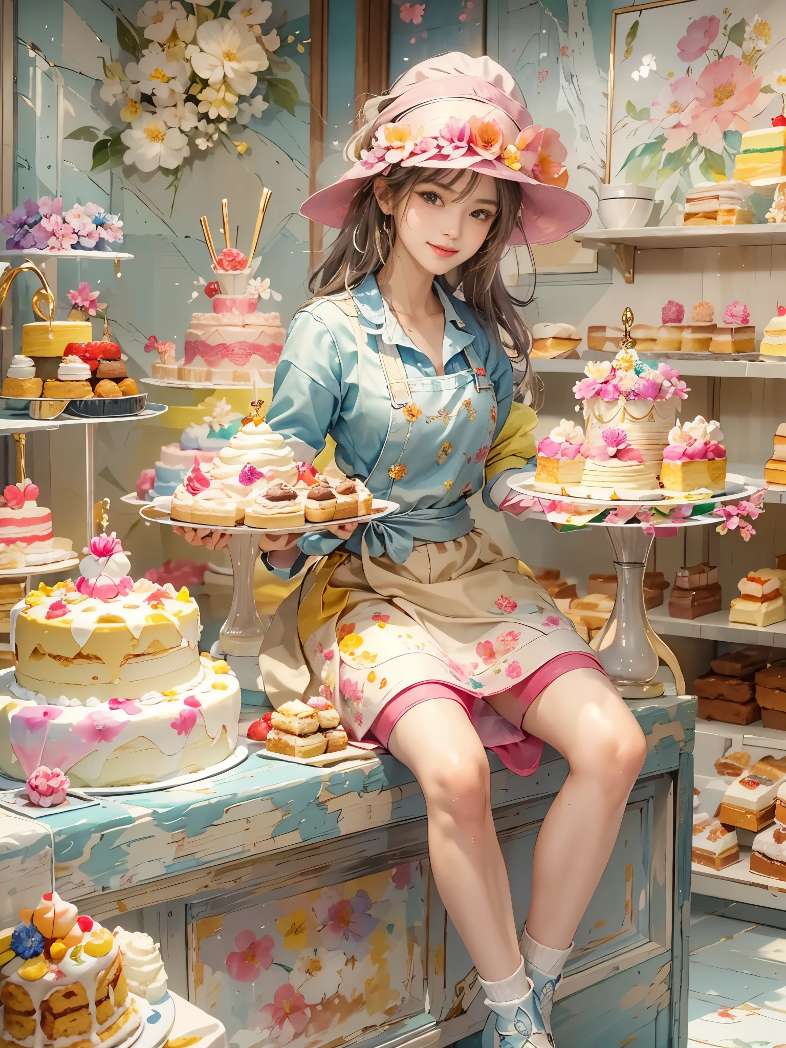Creative and endearing image，Think of your dream girlfriend as your dream lover and lifelong partner，((A simple and hard-working cake shop girl，She is holding cake，Smile warm and welcoming，Embodying the role of a warm and generous saleswoman，Her facial features are gentle and beautiful，The expression is kind、Tempting))，This artistic expression combines wisdom、Beauty and hardworking character，(She wears the uniform of a saleswoman:1.3)，Casual and charming，Very suitable for the environment of a cake shop，表情Tempting又愉悦。The background is a cozy and warm cake shop，Full of various cakes and pastries，Create a sweet and warm atmosphere。The overall style blends realism with a touch of whimsy，captured a sweet、The essence of a hard-working cake shop girl, (floral watercolor painting:1.5)，(Super high saturation, bright and vivid colors:1.5), (Look at the audience head-on:1.5)