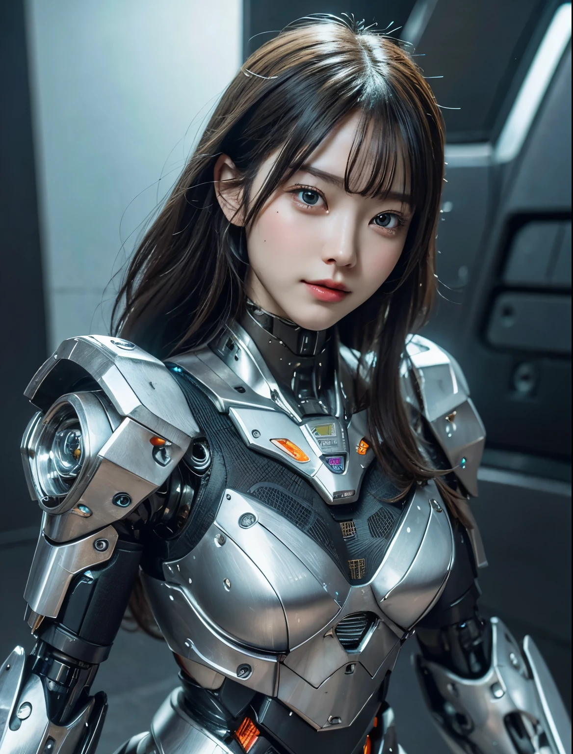 textured skin, super detail, high details, high quality, best quality, High resolution, 1080p, hard disk, Beautiful,beautiful cyborg woman,Mecha cyborg girl,Battle Mode,girl with mechanical body,She wears a battle cyborg mech with a weapon,Cyborg Warrior