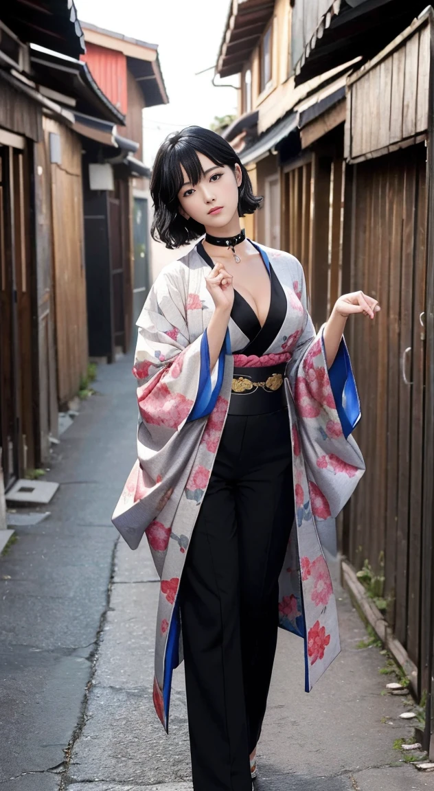 (highest quality,8K quality,masterpiece:1.3,High resolution,table top:1.2), Front view:0.8,Full body Esbian:1.2, looking at the viewer, 23 year old woman, look at the camera,(Japanese clothing, kimono:1.4,generally:1.2, choker:1.4),(short hair:1.2,well-groomed black hair), (back alley:1.3), kimono comes off,I can see my thighs,I can see your pants,beautiful face,cinematic,(young gravure idol, Young skinny gravure idol, sophisticated gravure idol),(detailed perfect face),normal hand:1.5,normal fingers:1:5,normal feet:1.5