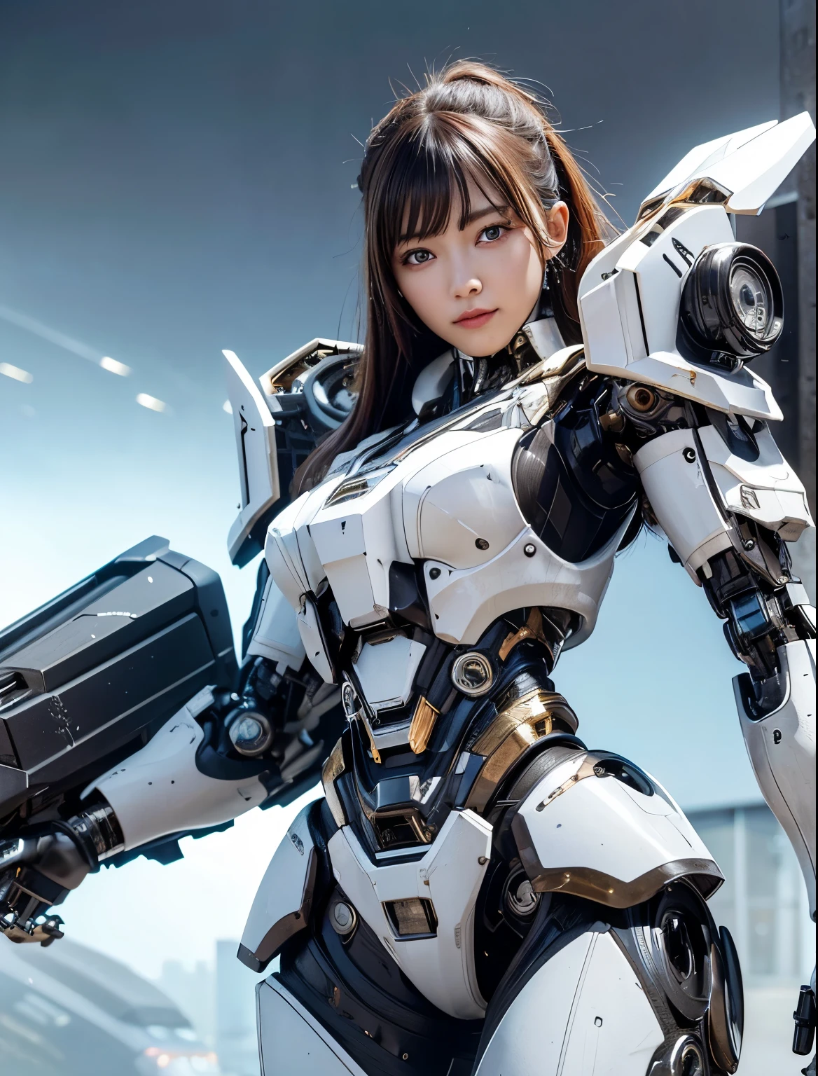 textured skin, super detail, high details, high quality, best quality, High resolution, 1080p, hard disk, Beautiful,beautiful cyborg woman,Mecha cyborg girl,Battle Mode,girl with mechanical body,She wears a battle cyborg mech with a weapon,Cyborg Warrior