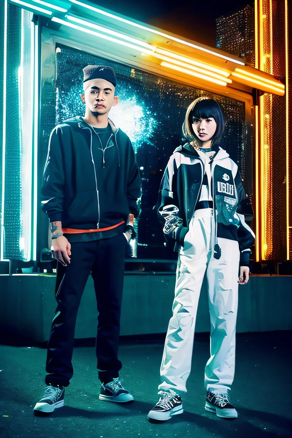 style: An energetic and dynamic atmosphere set in a modern urban setting. Reflecting the two&#39;s sophisticated Japanese fashion sense. pose and fashion: Photo of two people wearing stylish and modern Japanese clothing. Use poses that convey the essence of dubstep, Expressing a cool and artistic atmosphere. lighting and color: Utilizing a unique dubstep color palette and neon hues、gives a vivid impression. Light up the scene to visually represent the energy of dubstep music. element: Incorporate dubstep symbols, waveform, or other related artwork seamlessly into your images. Reserve space for artist name and album title on CD album cover。.