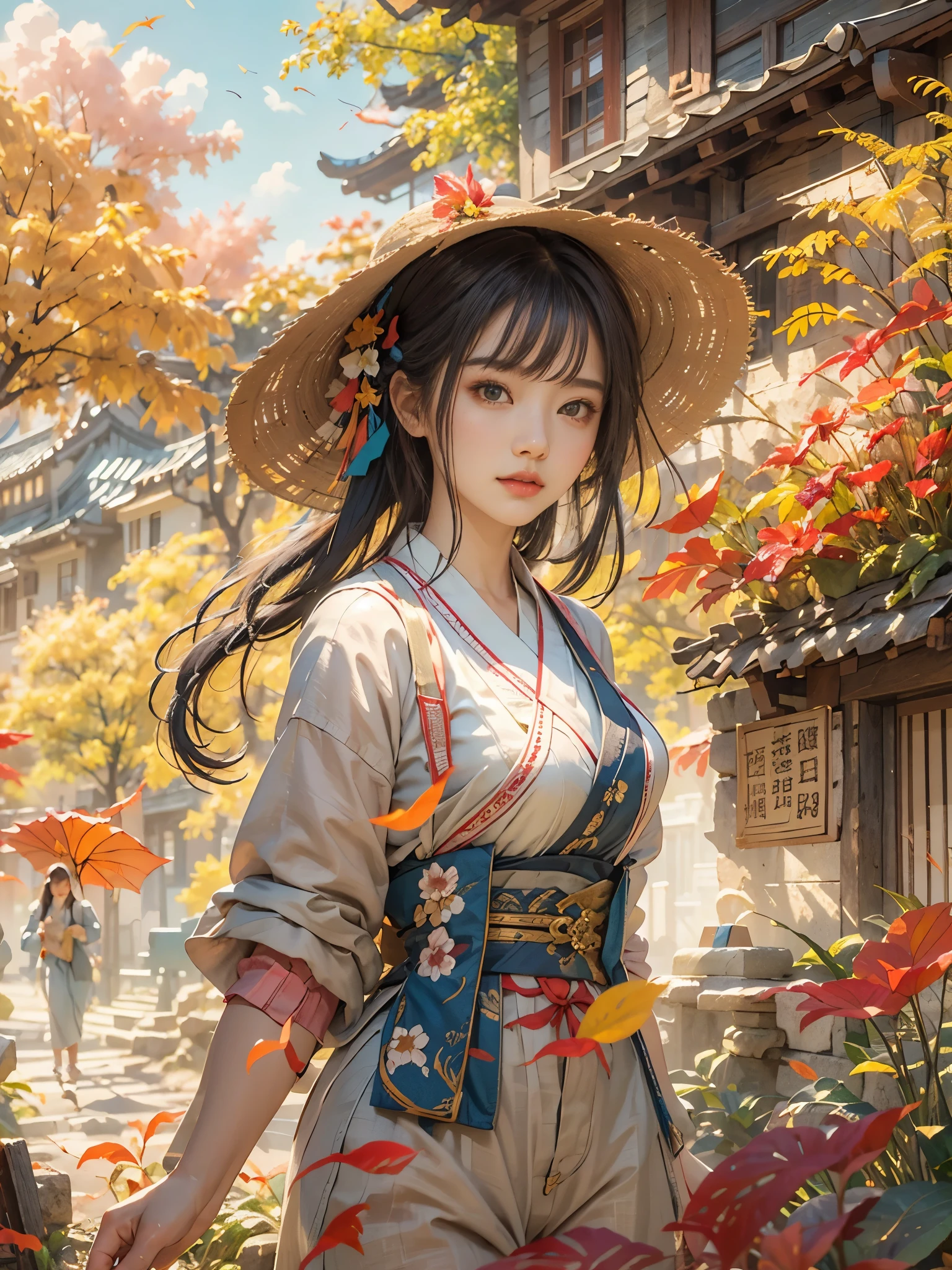 Country streets, potted plant, flower, Oriental design, autumn , Harvest Festival, autumn Leaves Digital Painting, wind, concept art, illustration, complex, Imaginative thoughts on your dream girlfriend、Warm depiction,Envisioned as a dream lover and lifelong partner。She embodies the simplicity of Chinese rural girls、Industrious,Integrated with wisdom、Beautiful and hard-working character。This artistic depiction shows her in a rural setting,Exuding sweetness、Romantic atmosphere。She wears simple traditional rural clothes,Reflecting her humble origins and down-to-earth character。Her facial features are gentle and beautiful,The expression is kind、Tempting。背景是wind景如画的乡村wind景,Rolling hills、Fields and traditional country houses,Adds a sweet rustic romantic charm。整体wind格融合了现实主义和理想化的乡村美感,embodies the dreamlike、The Essence of a Cute Country Girl, (flower卉水彩画:1.5),(Super high saturation, bright and vivid colors:1.5), (nsfw), (Look at the audience head-on:1.5)