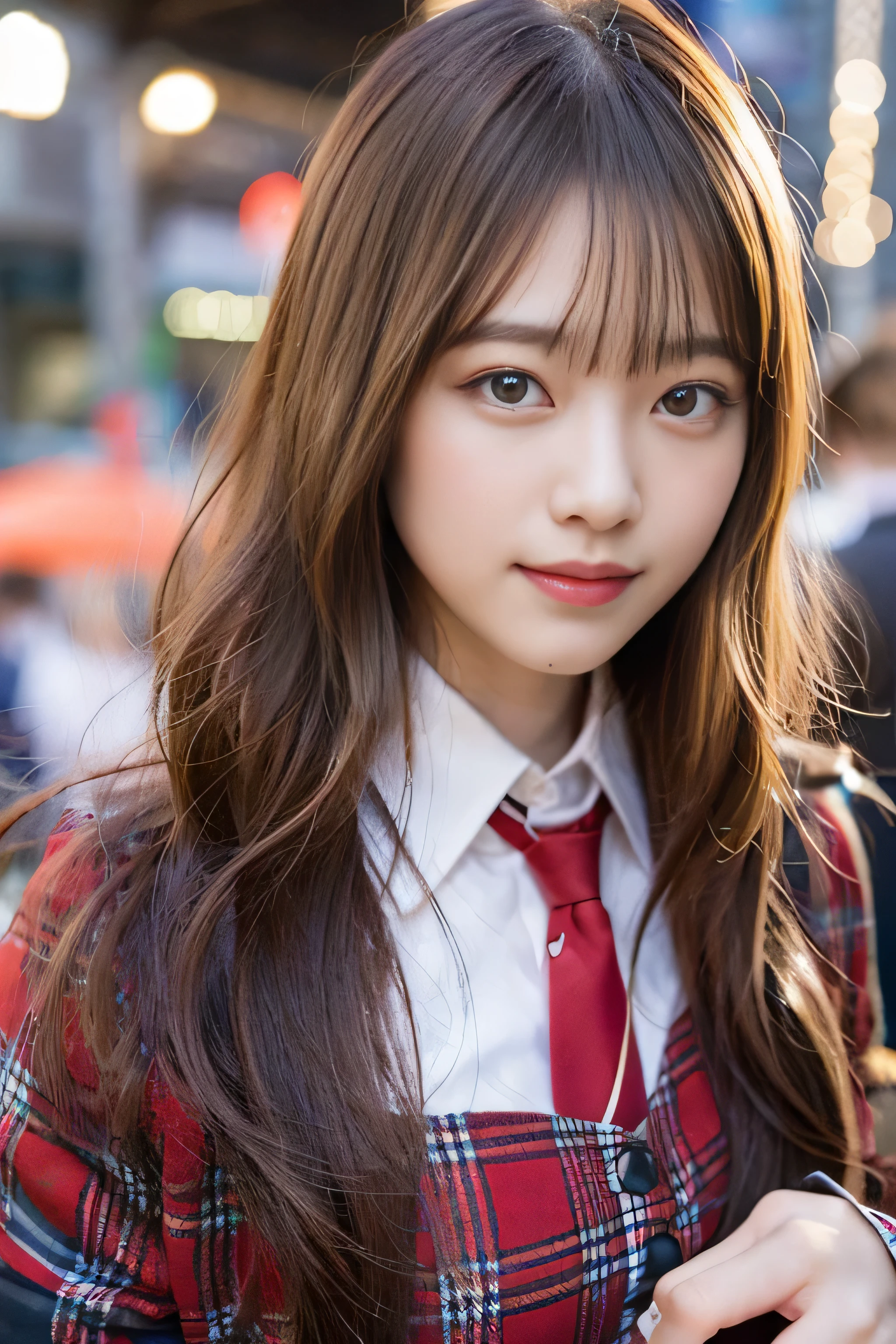 (8K、Raw photo、Highest image quality、master piece:1.2)、(real、フォトreal:1.37)、super detail、ultra high resolution、girl、1 person、Eyes that see the beholder、Beautiful face in every detail、smile、constriction、 (slim waist) :1.3)、dense and beautiful skin、skin texture、flowing hair、professional writing、human body as a whole、long hair、blonde、high school girlの制服、high school girl、School zone、Tokyo、cityscape、red tie、bob hair、happy smile、baby face smile、No makeup、16 years old、A little chubby、E cup breasts、