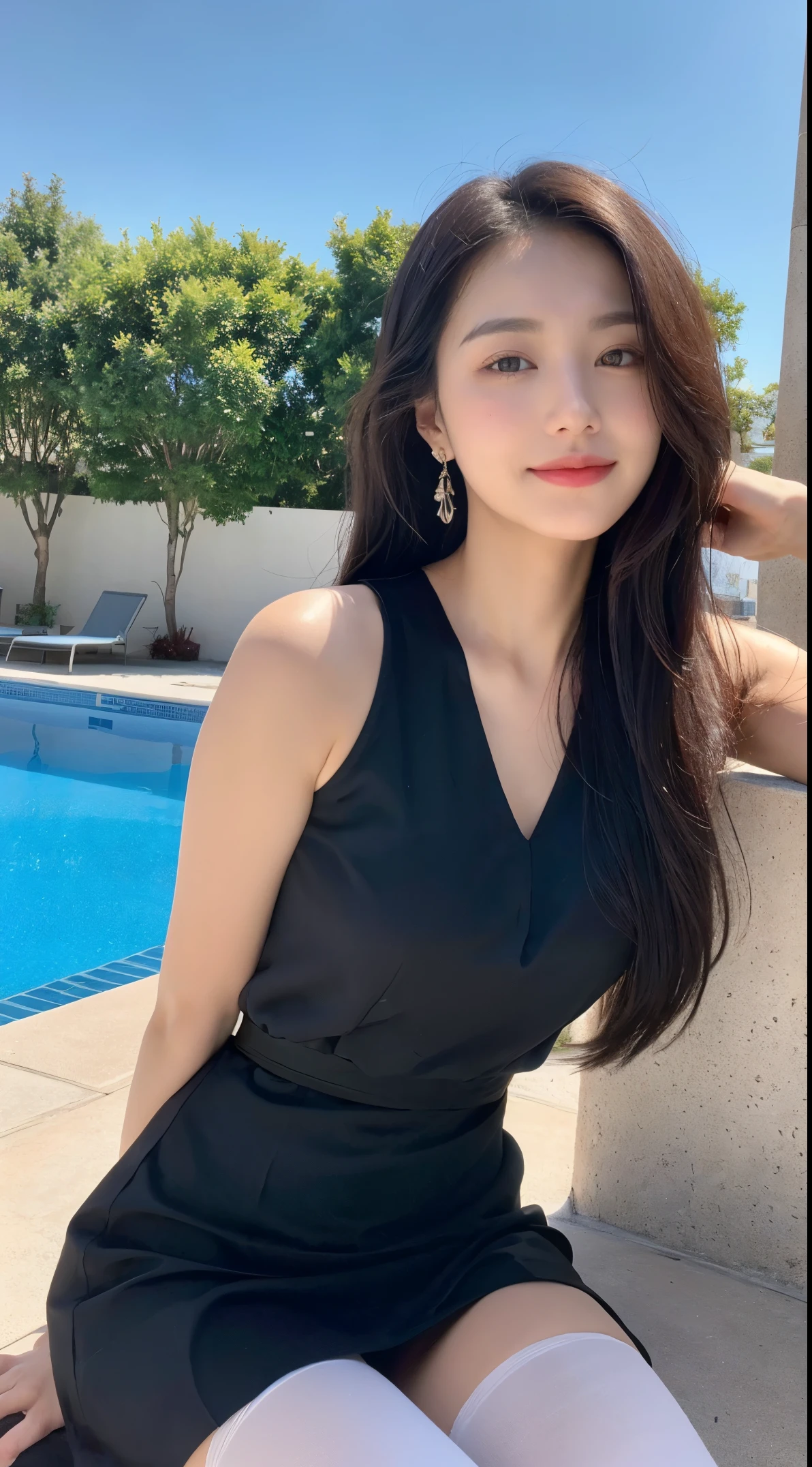(top quality, 8k, masterpiece:1.3)), A pretty maiden，pure，oval face，Gentle and cute，sweet smile，pure，thin body，(Street)，looking directly into the camera，black stockings, inner strength, formal，Black silky long, layered long hair，Long hair spread over shoulders，big deal, round, black eyes，clear big eyes，Hydrated red lips，Sweet，Sitting next to the pool，blue sky白云，blue sky，stand