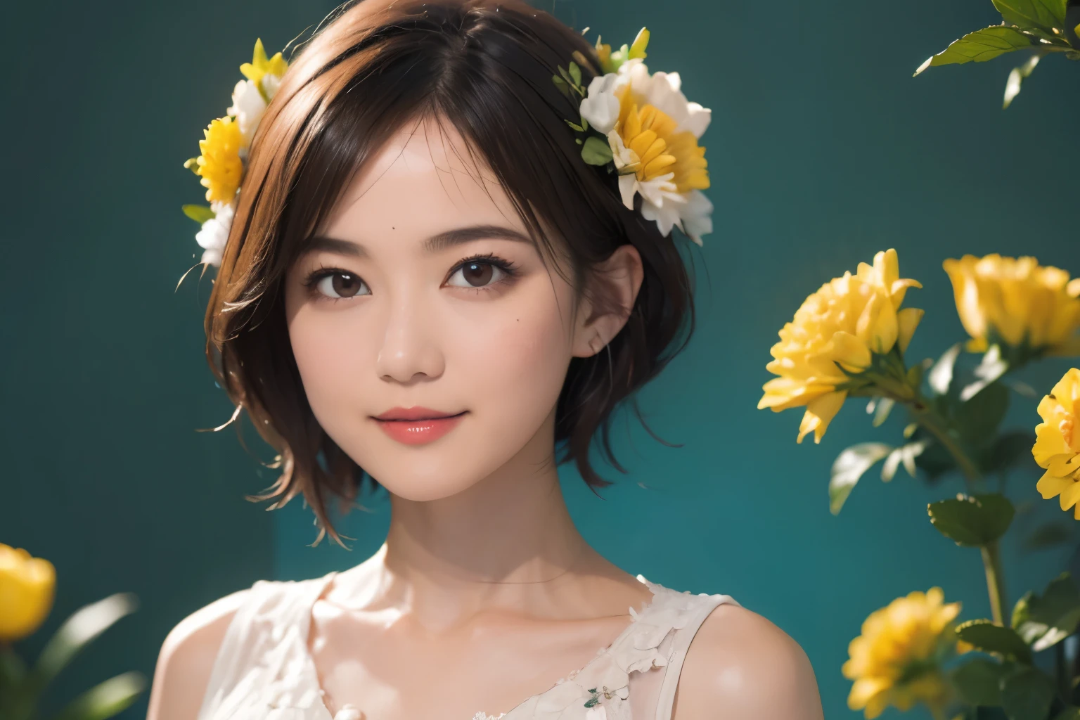 148
(20 year old woman,Floral costume), (surreal), (High resolution), ((beautiful hairstyle 46)), ((short hair:1.46)), (gentle smile), (breasted:1.1), (lipstick)
