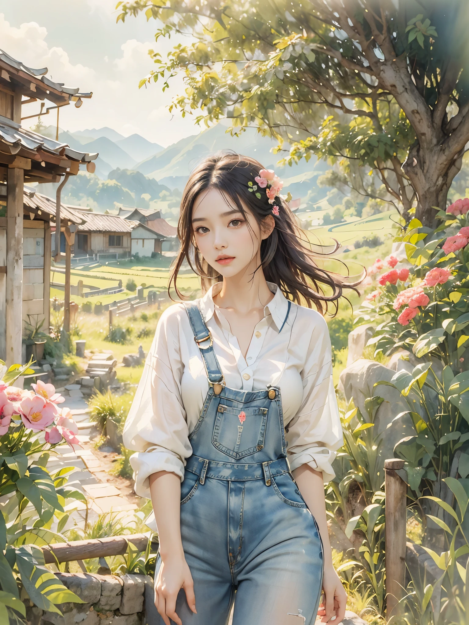 Imaginative thoughts on your dream girlfriend、Warm depiction，Envisioned as a dream lover and lifelong partner。She embodies the simplicity of Chinese rural girls、Industrious，Integrated with wisdom、Beautiful and hard-working character。This artistic depiction shows her in a rural setting，Exuding sweetness、Romantic atmosphere。((She wears simple denim overalls and a white shirt))，Reflecting her humble origins and down-to-earth character。Her facial features are gentle and beautiful，The expression is kind、Tempting。The background is a picturesque rural landscape，Rolling hills、Fields and traditional country houses，Adds a sweet rustic romantic charm。The overall style blends realism and idealized rural beauty，embodies the dreamlike、The Essence of a Cute Country Girl, (floral watercolor painting:1.5)，(Super high saturation, bright and vivid colors:1.5), (nsfw), (Look at the audience head-on:1.5)