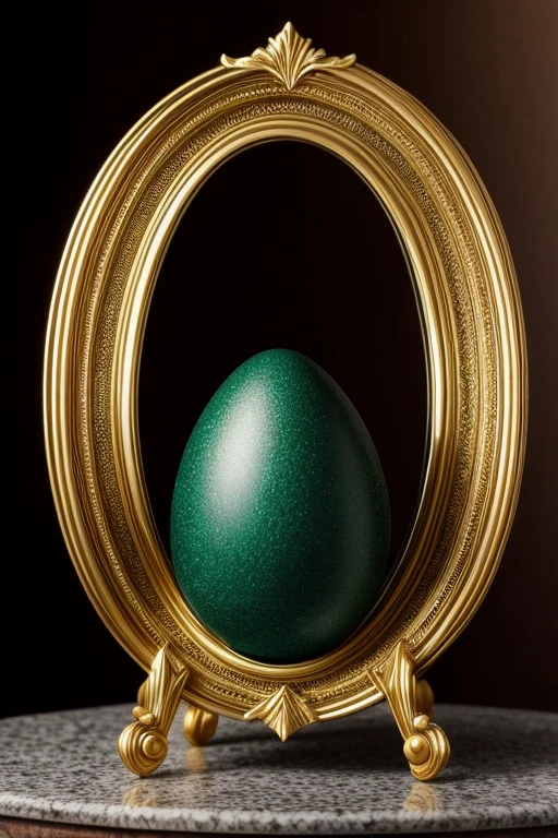  professional (photo:1.3), emerald egg on promo stand, on granite surface, radiant, gleamy, brass, tension-style setting, exquisite, baroque, green, panoramic views 