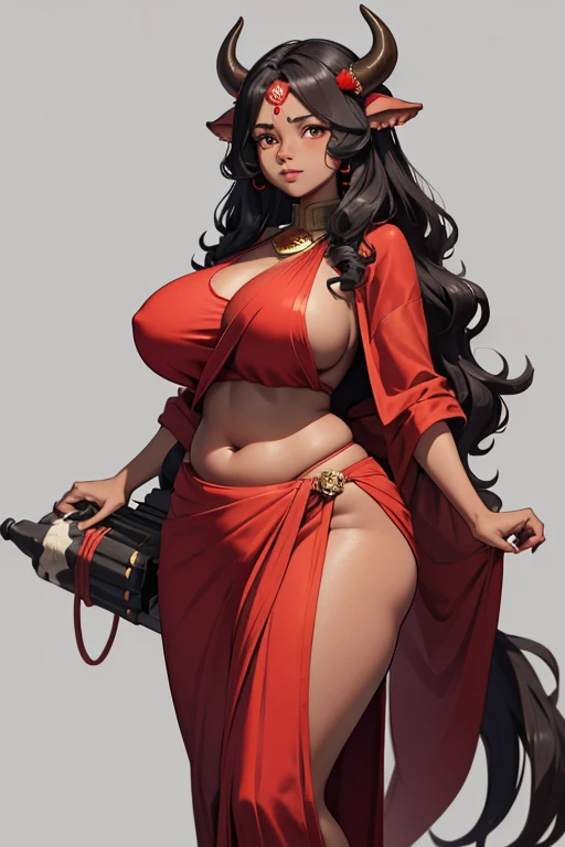 wavy hair，Red Sari，black eyes、dark skin,woman、plump body shape、big breasts,Cow horns on the head