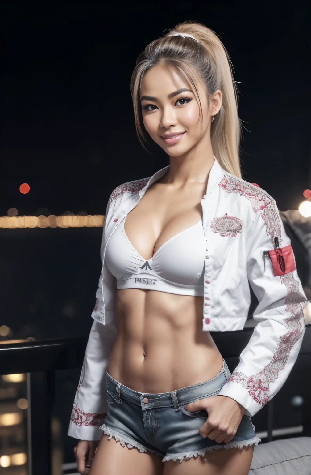 Young Thai woman, fit physique, fitness physique, wearing sexy black lingerie sitting on the couch with legs open, corps sexy, (8K), (best quality), (chef-d&#39;artwork:1.3), (Realistic), (photorealistic:1.34), Ultra-detailed, [Beautiful detailed eyes], (sourire), (sourire), (beautiful nose detailed), [very long blonde hair], (haut court), lingerie noire, (superbes seins taille normale), (Gros plan), Profondeur de champ, full body view, sitting on sofa, legs spread, montrant l&#39;entrejambe, pieds en l'air