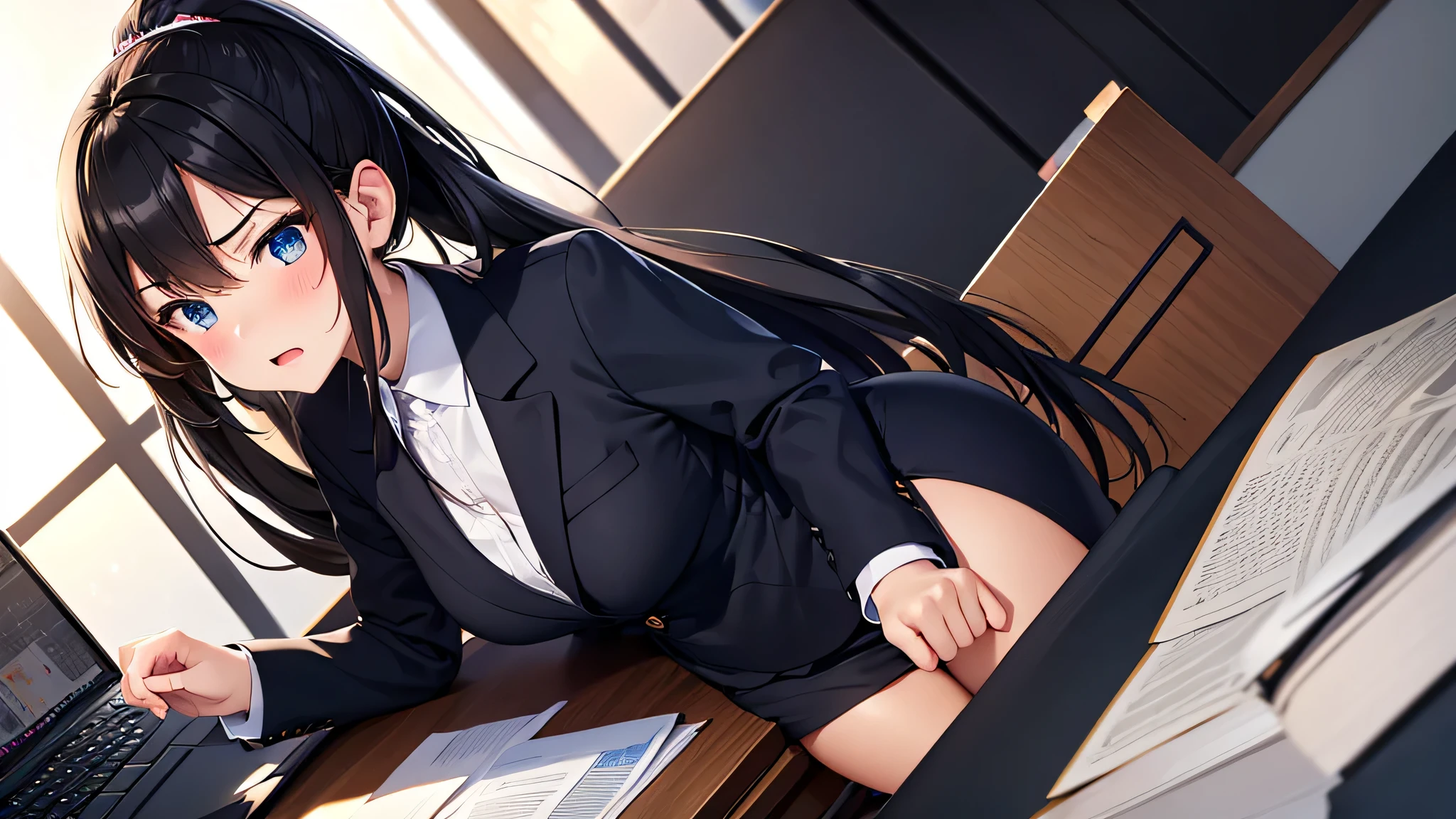 (8K, RAW photo:1.2),detailed face and eyes,最high quality, ultra high resolution, very detailed ,intricate details ,inside the office ,pretty girl , soft light like a movie, hyper detail,sharp focus, high quality,suit,Shirt Formal,ponytail,black hair,Salt compatible,blushing face,high angle,business suit,I was irritated,whole body,anger,unpleasant,one girl,The computer is on the desk