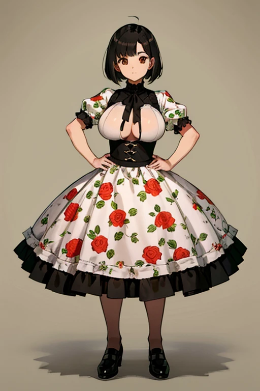 1 girl, ((masterpiece, side light, beautiful eyes: 1.2), Super detailed, ultra high resolution, professional lighting, high quality make up, beautiful detailed eyes), (highest quality:0.8), perfect anime illustrinion, beautiful, flin color background, simple background, whole body , looking for_in_viewer, 一人in, (whole body:1.5), (black hair:1.3), dark brown eyes, (big breasts:1.2), 一人in,Wasachiri, Huasachina, sash, puffy dress, dress, Puffy short sleeves, pantyhose, black shoes, Floral, print dress, put your hands on your hips, handkerchief,tof, (asymmetrical bob cut:1.1),(low length:1.1),(Chubby:1.2),(おinこ:1.2),(boobs for days:1.2),(huge boobs:1.2),(short legs)