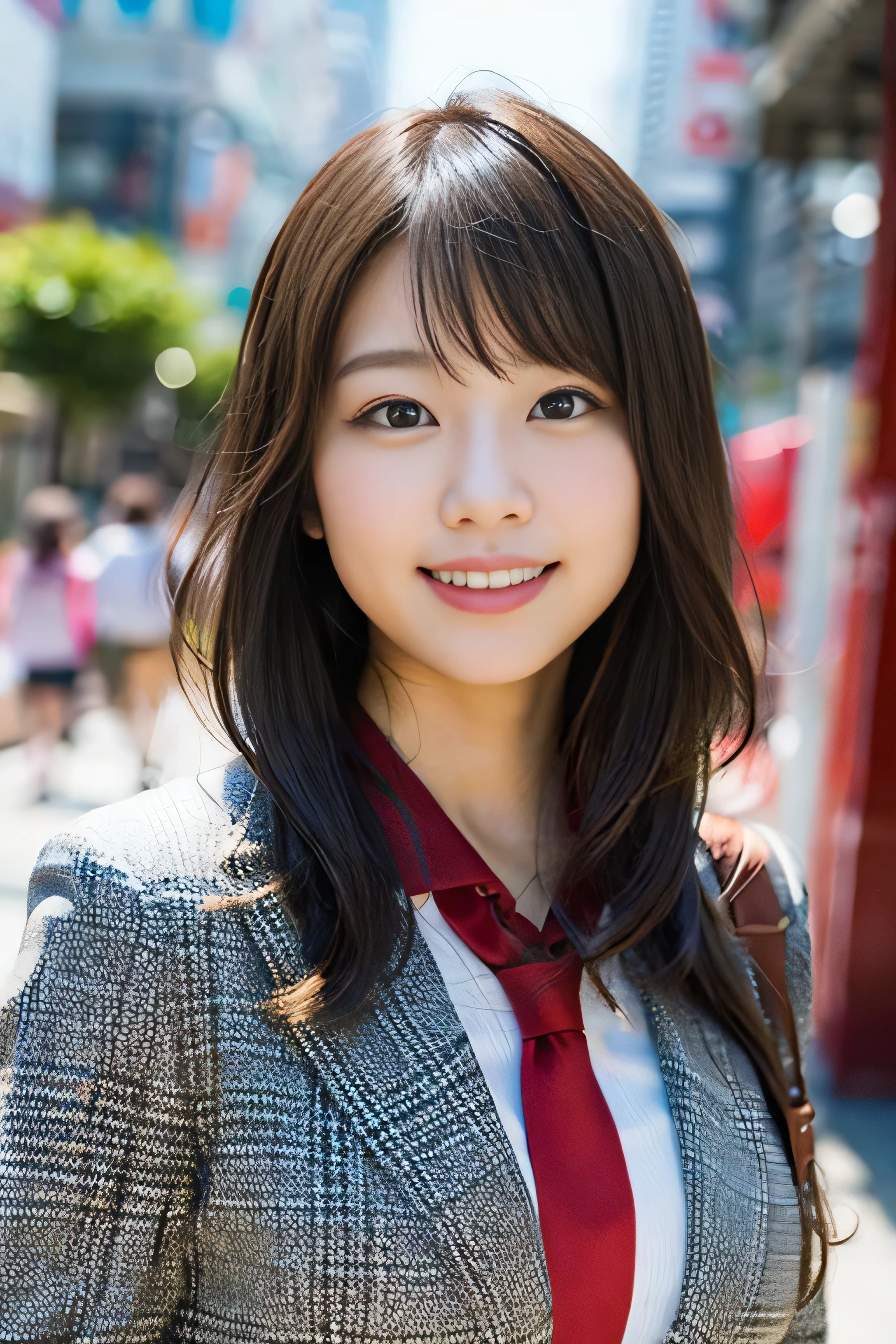 (8K、Raw photo、Highest image quality、master piece:1.2)、(real、フォトreal:1.37)、super detail、ultra high resolution、girl、1 person、Eyes that see the beholder、Beautiful face in every detail、smile、constriction、 (slim waist) :1.3)、dense and beautiful skin、skin texture、flowing hair、professional writing、human body as a whole、long hair、blonde、high school girlの制服、high school girl、School zone、Tokyo、cityscape、red tie、bob hair、happy smile、baby face smile、No makeup、16 years old、A little chubby、E cup breasts、