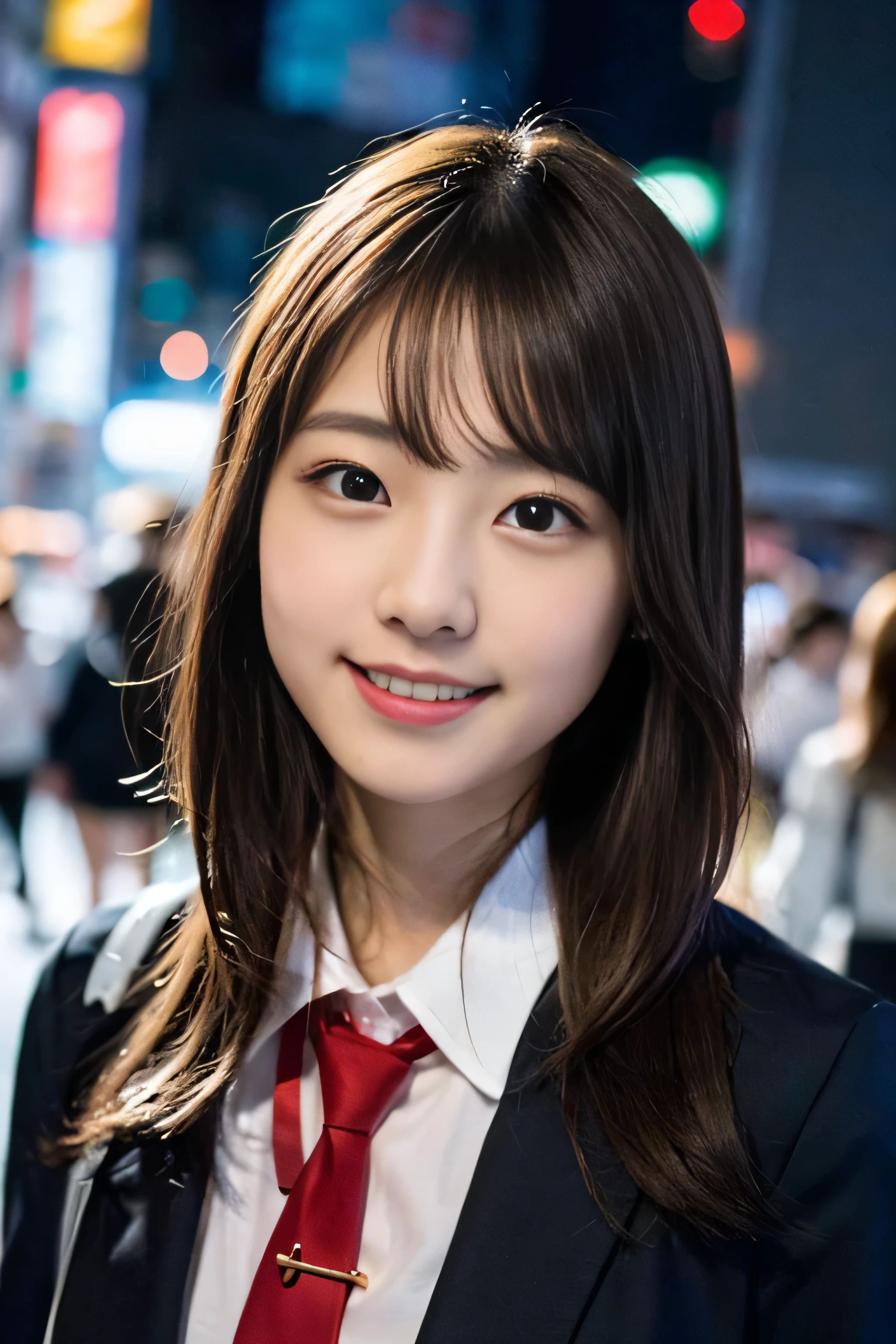 (8K、Raw photo、Highest image quality、master piece:1.2)、(real、フォトreal:1.37)、super detail、ultra high resolution、girl、1 person、Eyes that see the beholder、Beautiful face in every detail、smile、constriction、 (slim waist) :1.3)、dense and beautiful skin、skin texture、flowing hair、professional writing、human body as a whole、long hair、blonde、high school girlの制服、high school girl、School zone、Tokyo、cityscape、red tie、bob hair、happy smile、baby face smile、No makeup、、A little chubby、E cup breasts、