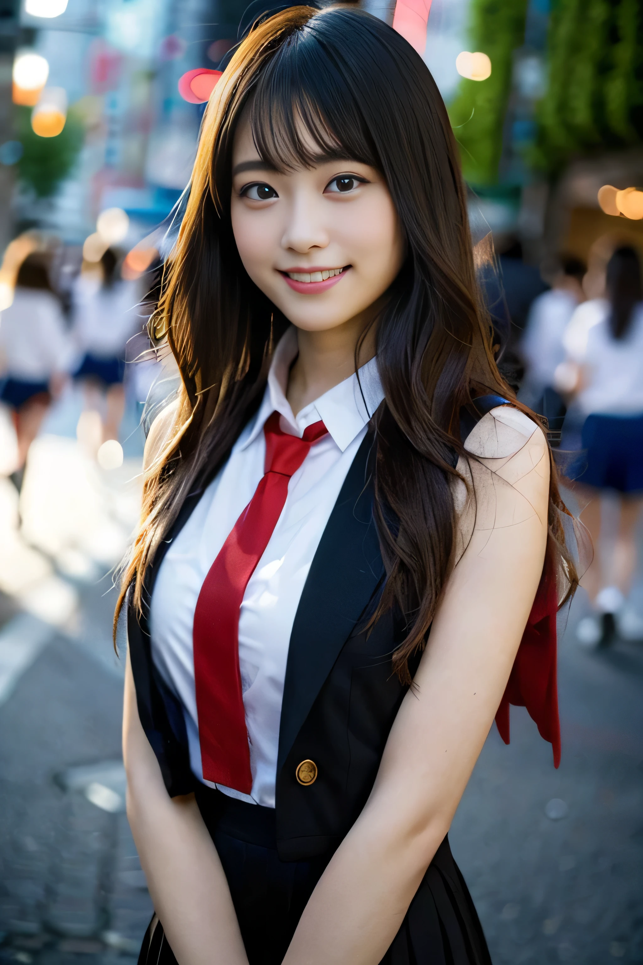 (8K、Raw photo、Highest image quality、master piece:1.2)、(real、フォトreal:1.37)、super detail、ultra high resolution、girl、1 person、Eyes that see the beholder、Beautiful face in every detail、smile、constriction、 (slim waist) :1.3)、dense and beautiful skin、skin texture、flowing hair、professional writing、human body as a whole、long hair、blonde、high school girlの制服、high school girl、School zone、Tokyo、cityscape、red tie、bob hair、happy smile、 smile、No makeup、16 years chubby、E cup breasts、