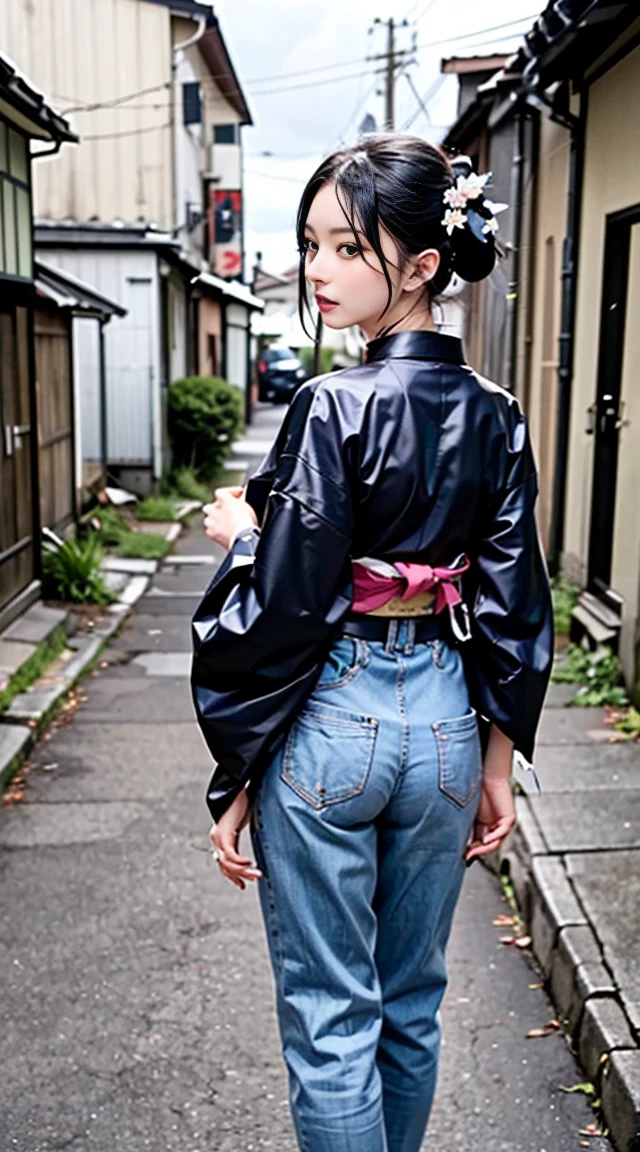 (highest quality,8K quality,masterpiece:1.3,High resolution,table top:1.2), Front view:0.8,Full body Esbian:1.2, looking at the viewer, 23 year old woman, look at the camera,(Japanese clothing, kimono:1.4,generally:1.2, choker:1.4),(short hair:1.2,well-groomed black hair), (back alley:1.3), kimono comes off,I can see my thighs,I can see your pants,beautiful face,cinematic,(young gravure idol, Young skinny gravure idol, sophisticated gravure idol),(detailed perfect face),normal hand:1.5,normal fingers:1:5,normal feet:1.5
