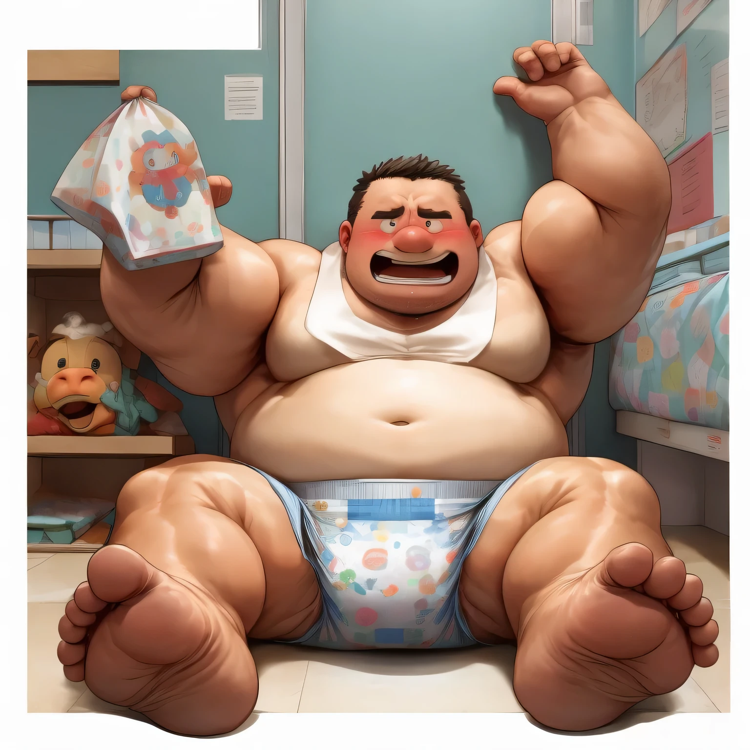 masterpiece,highest quality, At K, the fat man is a cruel prisoner, delay, human, 50s, (obesity: 1.0), fatty muscle, bowl leg, he is pressing his heels together, despondency, I was incontinent, 50s, captured prisoner, waddle, There is a small puddle at my feet, Incontinence makes underwear transparent, I was incontinent, naked, short legs, bowl leg, spread your legs, 白い布おむつとフリルの付いたかわいいDroolかけを着用してください, cardboard diaper, Pampers, nakedのお腹, naked足, naked足, nakedの靴底, 上半身naked, wide forehead and short thin hair, A man with a big face and stubble, shy, sob, embarrassing, bright skin tone, Drool, round face, vapor, alone, She enters a nursery school but is looked down upon by the children., Surrounded by children