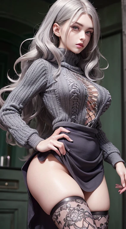 (masterpiece), 1 girl, 最high quality, perfection face, erotic expression, beautiful 19 year old teen, gray hair, ((purple eyes)),  ((Big eyes)), lady, (dark makeup),((Scanty clothes)) ((wavy hair)) ((long hair)), (skirt), Slender and toned body, hot, ((long sleeve)), ((gray hooded sweater)) black stockings, Fishnet tights, (perfection breasts 0.8), (gray-green skin) high quality,最high quality, 8K_wallpaper,very fine eyes,highly detailed body,highly detailed fingers, (large masterpiece digital art), (detailed manga figure), (detailed line drawing), ((perfection)) anatomy, best hand)), (intricate details:1.3), (super detailed:1.3), (figure:1.3), (sharp focus:1.3), (Natural light:1.05), (Bright colors:1.3), fantasy dungeon environment,