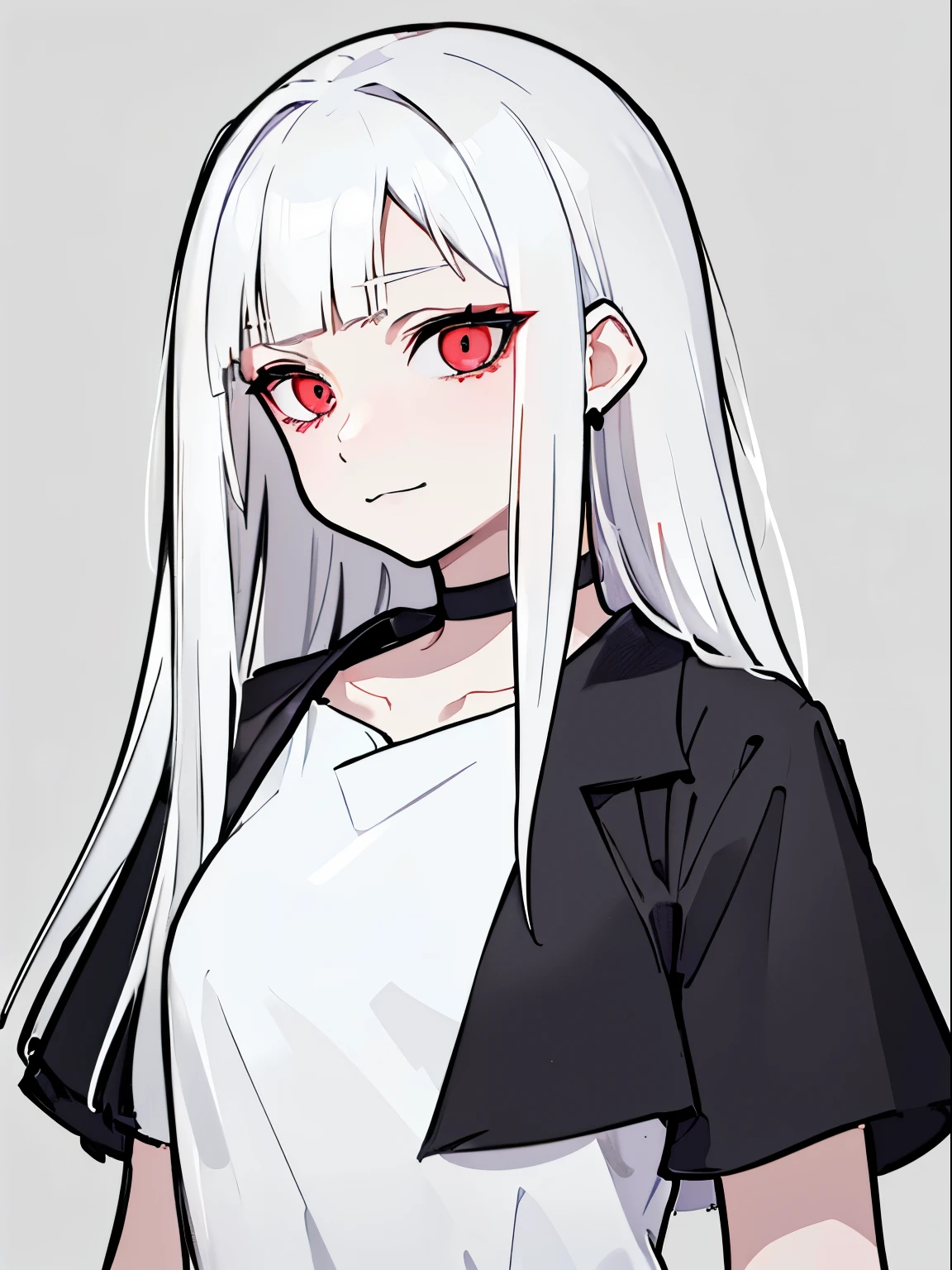 style of painting,(empty background),((Flat chest)),(Front Portrait), (Black and whature Women,((Microthorax)),(High cold),Hey, hey, smile,monochrome, blank stare, dead fish eyes, cool beauty,half lidded eyes, indifferent expression, black and white portrait, bored, impassive, loner,(Alone),Wispy bangs,Textured straight,Above the waist,((White Hair)),(Red Pupil),((White Dress)),Shirt,Wispy bangs