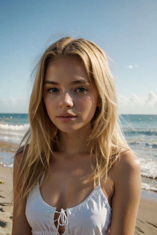 una preciosa rubia europea, 35 years, pelo ondulado, sonrisa sutil, flirting with the camera, ultra alta calidad. Vestido blanco muy escotado. Ella se despierta para ir a la playa., Noche,ojos perfectos, manos perfectas, Cuerpo perfecto, Cabello perfecto, pecho perfecto, HD, retina, obra maestra, preciso, anatomically correct, piel texturizada, super detail, detalles altos, alta calidad, premiado, Mejor calidad, high resolution, 16k, 8k,