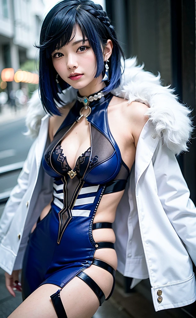 shape,, Highly detailed CG Unity 8K wallpaper, UHD, retina, masterpiece, Accurate, anatomically correct, Super detailed, advanced details, high quality, Awards, 最high quality, High resolution, excellent ???????, 1080P, HD, 4K, 8K, 16k, 1 girl,原神Yelan 、dynamic pose, neutral, fine eyes, Fine clothes, thin hair, rendering, blue hair, Cute Waifu, Yelan, portrait, Cut your bangs, short hair, rock, ????? Window, ???? shoulders, removed sleeve, blue eyes, looking at the viewer, smile, white background, young woman, cinematic lighting, Open ?????、Yelanコスプレ、Yoran in a ???? pose