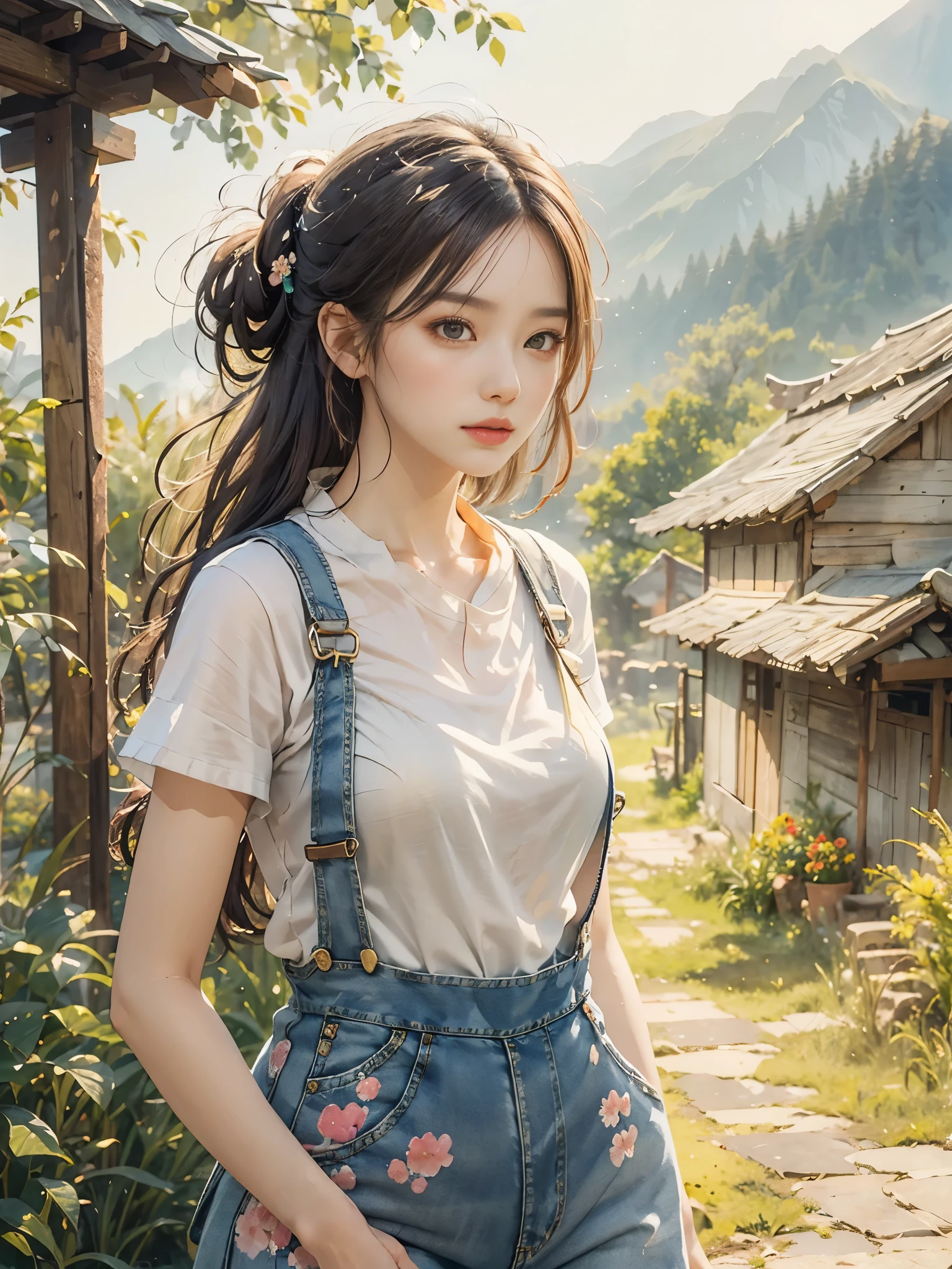 Imaginative thoughts on your dream girlfriend、Warm depiction,Envisioned as a dream lover and lifelong partner。She embodies the simplicity of Chinese rural girls、Industrious,Integrated with wisdom、Beautiful and hard-working character。This artistic depiction shows her in a rural setting,Exuding sweetness、Romantic atmosphere。((She wears simple denim overalls and a white shirt)),Reflecting her humble origins and down-to-earth character。Her facial features are gentle and beautiful,The expression is kind、Tempting。The background is a picturesque rural landscape,Rolling hills、Fields and traditional country houses,Adds a sweet rustic romantic charm。The overall style blends realism and idealized rural beauty,embodies the dreamlike、The Essence of a Cute Country Girl, (floral watercolor painting:1.5),(Super high saturation, bright and vivid colors:1.5), (nsfw), (Look at the audience head-on:1.5)