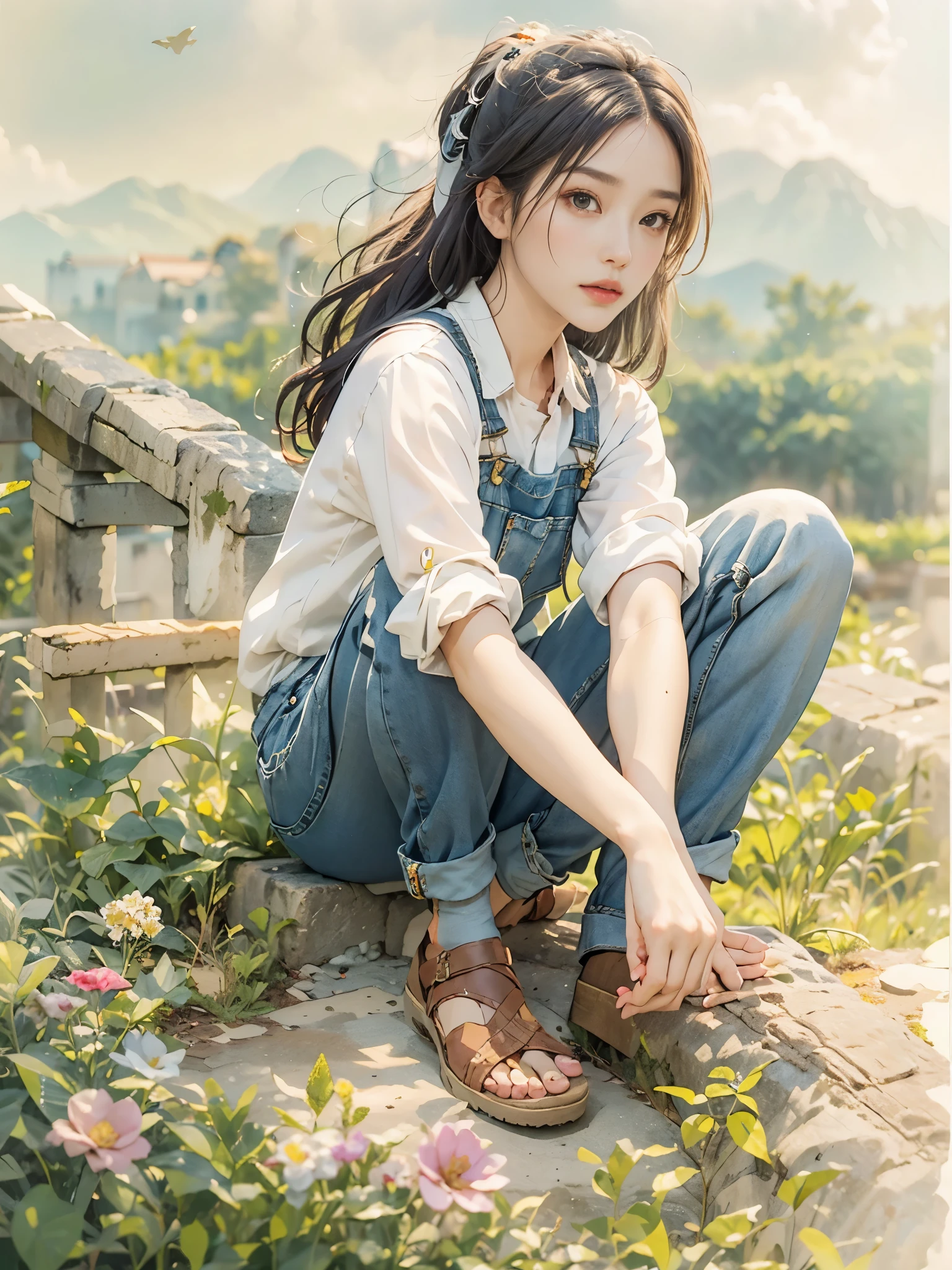 4K,best qualtiy,tmasterpiece),(realisticlying,realisticlying)Arafeld woman sitting on the grass of the park, sat on the ground, sitting on green grass, INFP young woman, sitting in a field, sitting on one knee on the grass, A young Asian woman, Young Asian girl, standing in grassy field, beautiful lonely girl, standing in grassy field, wearing blue jean overalls, woman is sitting