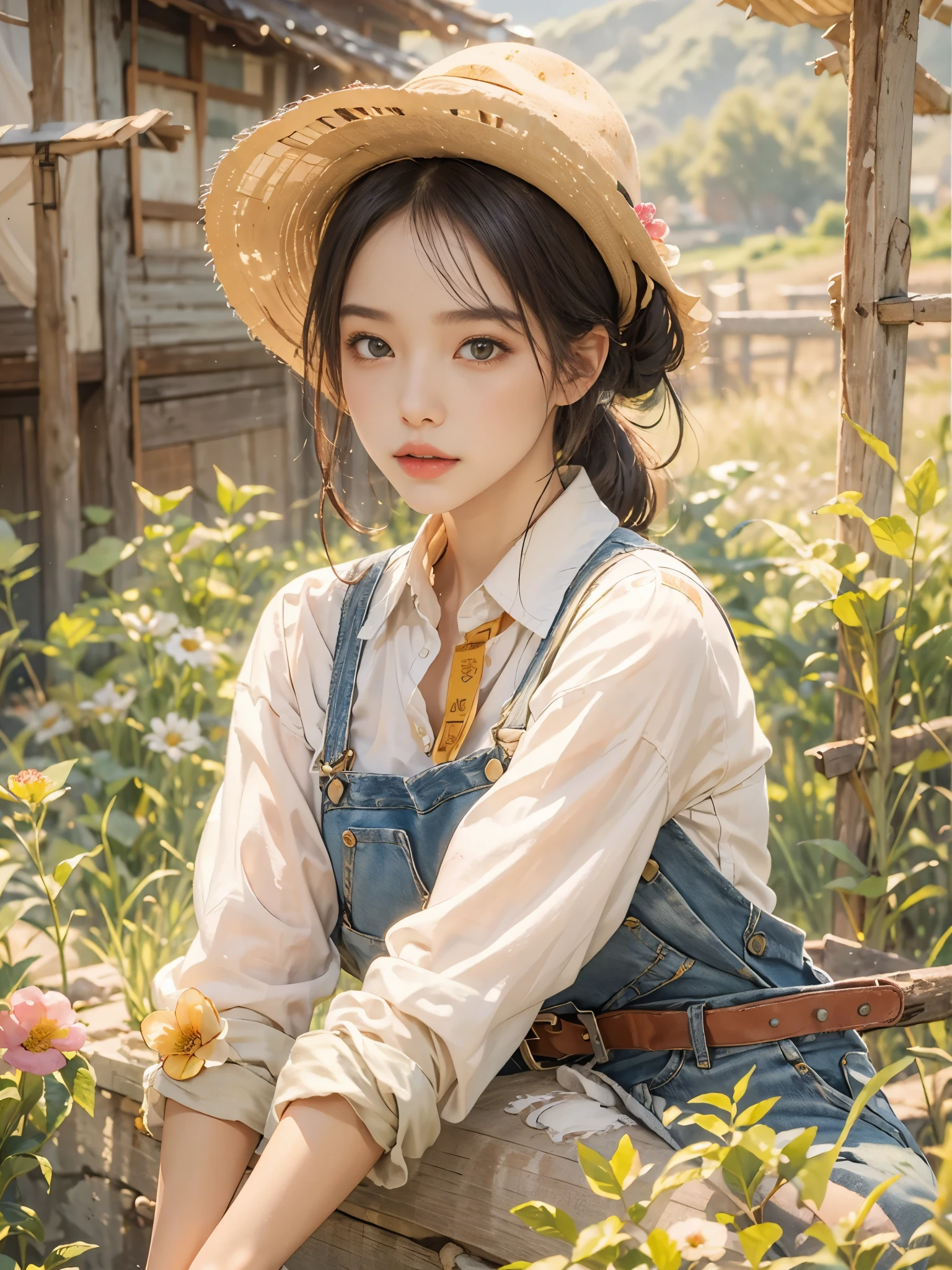 Imaginative thoughts on your dream girlfriend、Warm depiction,Envisioned as a dream lover and lifelong partner。She embodies the simplicity of Chinese rural girls、Industrious,Integrated with wisdom、Beautiful and hard-working character。This artistic depiction shows her in a rural setting,Exuding sweetness、Romantic atmosphere。((She wears simple denim overalls and a white shirt)),Reflecting her humble origins and down-to-earth character。Her facial features are gentle and beautiful,The expression is kind、Tempting。The background is a picturesque rural landscape,Rolling hills、Fields and traditional country houses,Adds a sweet rustic romantic charm。The overall style blends realism and idealized rural beauty,embodies the dreamlike、The Essence of a Cute Country Girl, (floral watercolor painting:1.5),(Super high saturation, bright and vivid colors:1.5), (nsfw), (Look at the audience head-on:1.5)